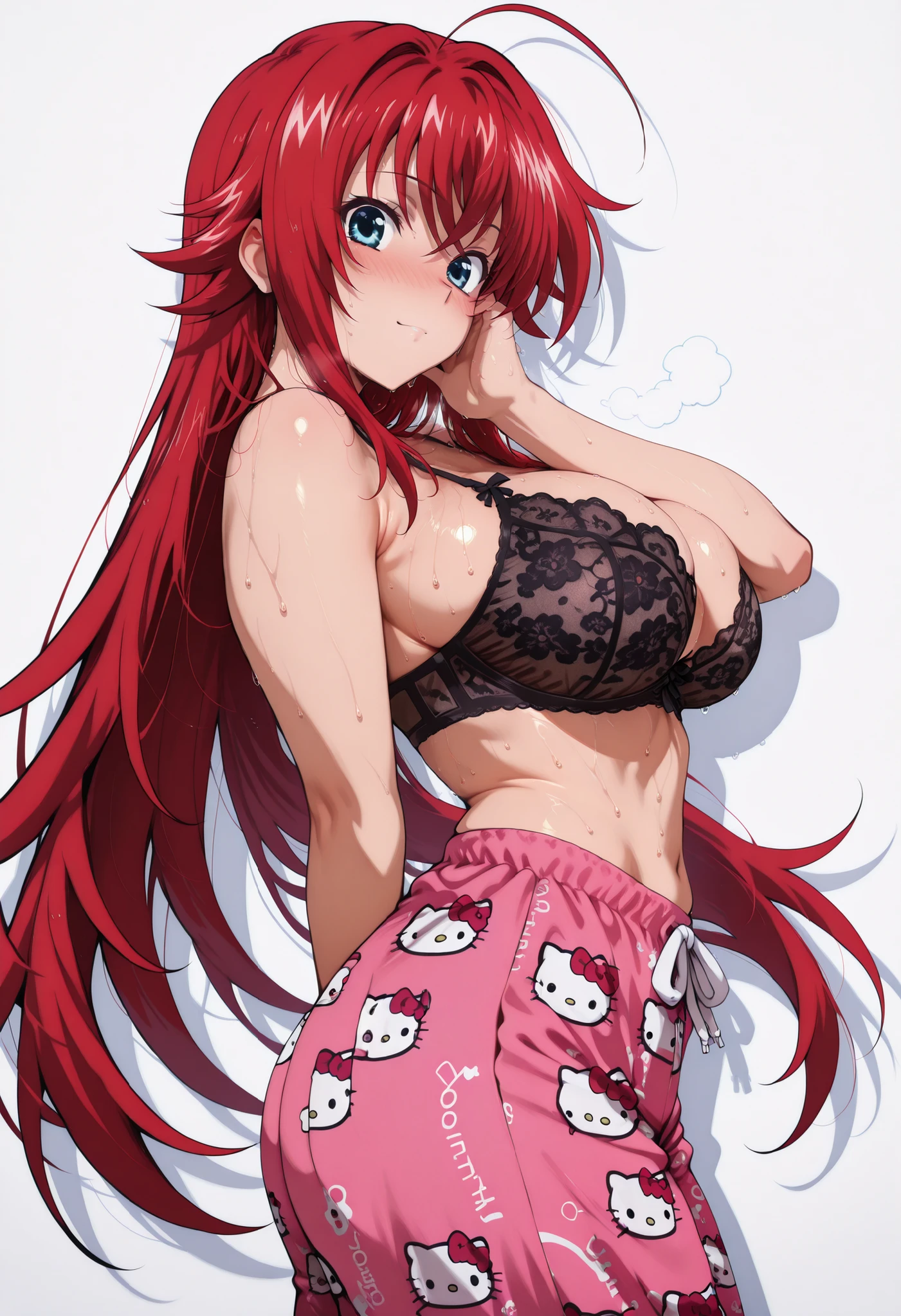 (masterpiece), Anime Style,solo,alone,only 1 girl,Rias Gremory standing,                               ,             , COWBOY SHOT, detailed rendering, smooth skin                                            ,, looking at viewer, nose blush, shiny legs, shiny body, shiny hair, clear skin, clear body, sweat, sweaty, sweaty:1.3, solo, thick thigh, thick thighs, solo, female, large breasts,, looking at viewer, large breasts, STANDING, POSING, COWBOY SHOT, NICE LEGS, opaque clothes,, HUGE BREASTS,, solo, large breasts, thick thigh, dynamic pose, solo, STANDING, POSING, thick thighs, thighs, solo, standing, POSING,, perfect eyes, white background, empty background, distinc shadows, solo, large breasts, thick thigh, dynamic pose, navel ,midriff,,, LOOKING AT VIEWER, WHITE BACKGROUND, EMPTY BACKGROUND, soft smile,, DYNAMIC POSE,, big ass,, view from side, side pose, side looking, side view, large breasts, LOOKING AT VIEWER, WHITE BACKGROUND, EMPTY BACKGROUND, soft smile,, DYNAMIC POSE, sheer black lace lingerie bra, hello kitty pajama pants,pink/pants,hello kitty pajama pants, pink/pants,, hello kitty pajama pants,pink/pants,hello kitty pajama pants, pink/pants,, hello kitty pajama pants,pink/pants,hello kitty pajama pants, pink/pants, big ass, one hand behind on her, one hand on face,, white background, empty background, tight clothes