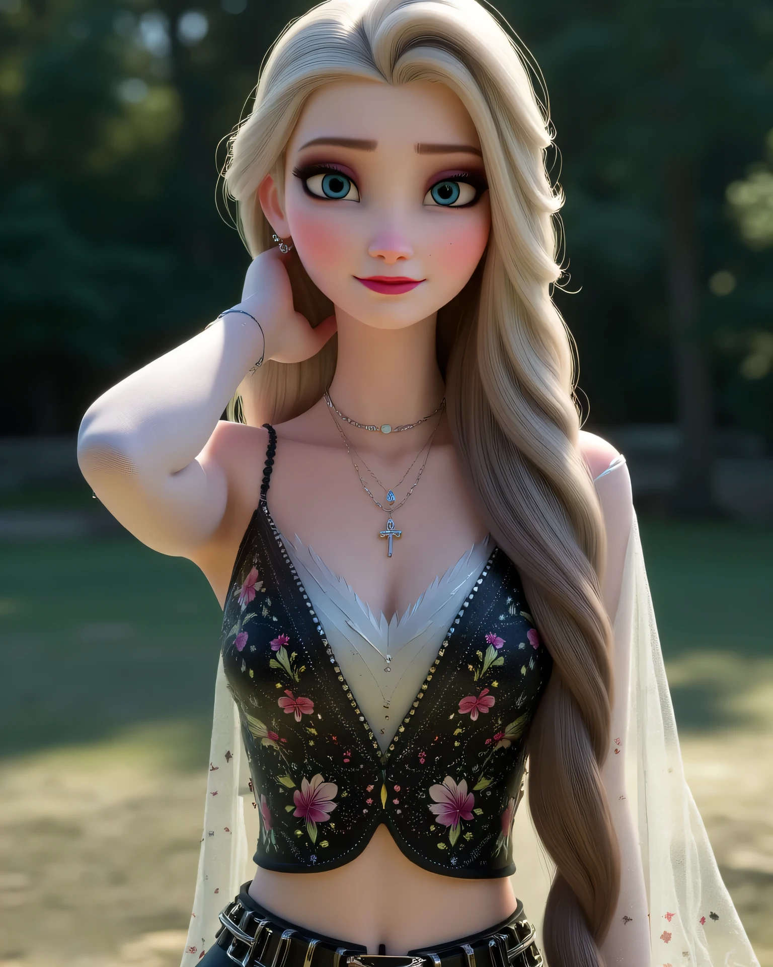 A hyper-realistic ultra-detailed portrait of Elsa reimagined with a bold and modern fantasy-rockstar aesthetic. She has long, flowing platinum-blonde hair cascading in soft, voluminous waves with delicate face-framing strands. Her icy-blue eyes are luminous and expressive, framed by long lashes and soft eyeliner. Her skin is flawless and glowing, with a natural blush and faint freckles across her cheeks. Her lips are soft and full with a delicate rose-nude tint, adding to her youthful elegance.
Her face is perfectly sculpted with high cheekbones, a gentle jawline, and a confident expression radiating strength and charm.
Elsa’s body is slender, balanced, and gracefully proportioned, with a regal and confident posture. Her shoulders are smooth and feminine, transitioning into slender, elegant arms. Her waist is long, defined, and beautifully sculpted, forming a graceful and elongated torso that enhances her queenly figure. The transition from her ribcage down to her hips is smooth and natural, creating a striking hourglass silhouette. Fine, subtle muscle lines follow the length of her waist, adding realistic depth and dimension. The skin here is soft and radiant, with gentle highlights and shadow gradients emphasizing the length and curve.
The midriff area is highly detailed — smooth and toned with natural skin texture and delicate vertical definition, gently narrowing as it approaches the waistline before curving outward into the hips. Her hips are softly rounded and proportionate, balancing her figure and creating a harmonious flow into her long, slender legs.
She is wearing a shimmering embellished black crop top with intricate beaded floral patterns that sparkle under soft light, paired with a bold high-waisted mini skirt adorned with metallic buckles and layers of decorative chain belts. Elegant layered necklaces, a cross pendant, and statement earrings enhance her royal yet rebellious aesthetic.
Her pose is confident and magnetic, highlighting the elongated