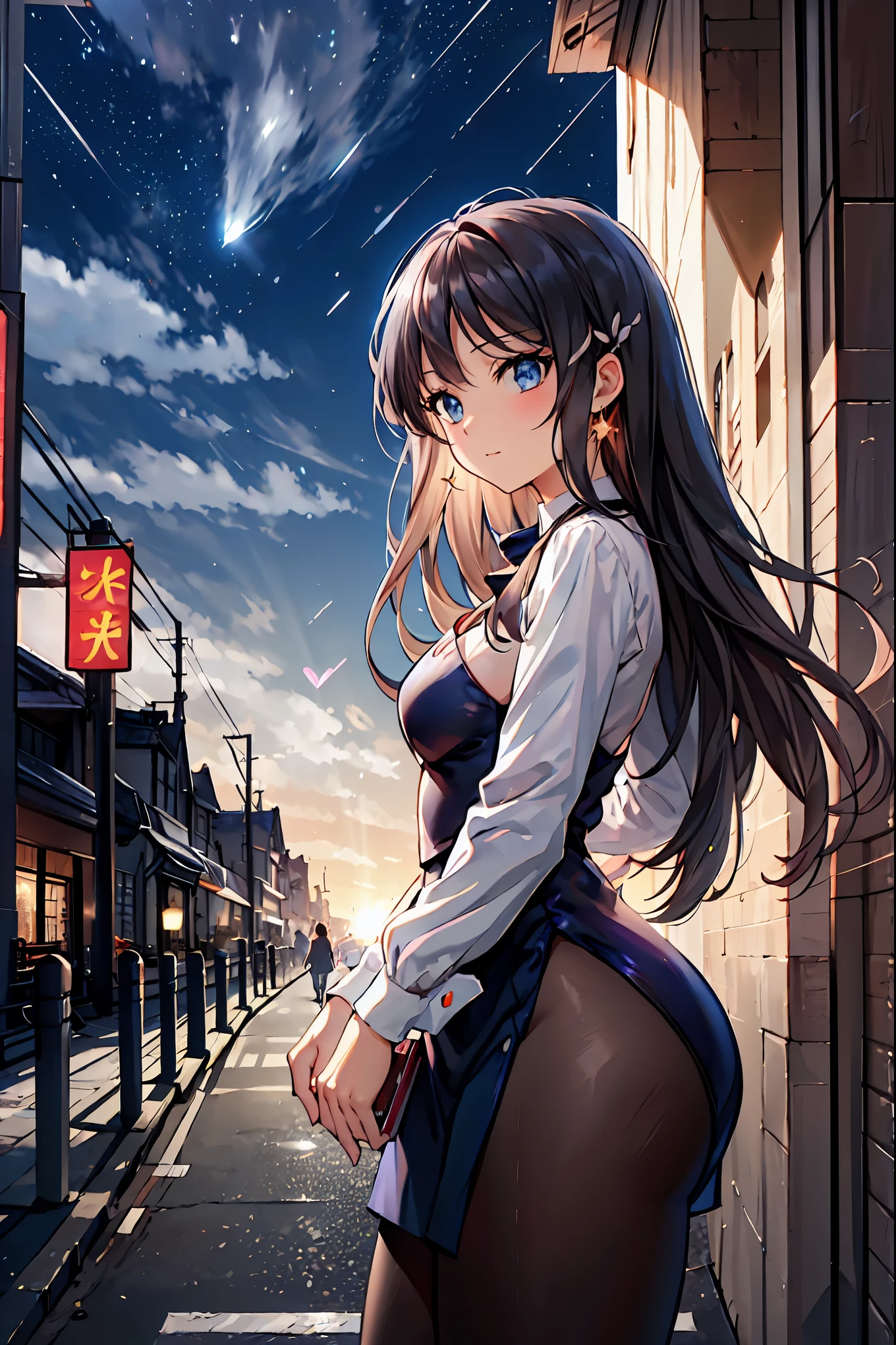 Bunny Girl at the Tavern,Under the Shiny Neon Lights,Bunny Girls Listen to the Hearts of Customers,Selling Escapist for a Moment,active，Attractive Poses,Rich Proportions,plump curves,beautiful face,Glossy Hair,Glittering Costumes,meteor、空から降り注ぐmeteor、無数のmeteor群、Tokyo Disneyland,Tokyo Disneylandの活気に満ちた魔法のような雰囲気の中を歩く, casual clothes､cute clothes､Cinderella Castle can be seen in the background, warm sunshine､The vibrant and cheerful atmosphere of Disneyland，Families and couples pass by,brown hair，shortcut，unkempt hair，Short braided hair，Neat，slender beauty，correct posture，small breasted，Beautiful legs，Enchanting Gray-Blue Eyes Shine Like Stars，Saggy Eyes，Brilliant Colors,beautiful eyes,A delicate smile,Textured Skin,Best quality at its best,gentle and beautiful woman,anime style､Bewitching Expression,Bold action,Night Atmosphere,Realistic CG Art,dramatic lighting,Dense Gradation,Striking colours,HIGH QUALITY,8K,Photorealistic,Realistic,Professional skills,Refined Textures,Brilliant Colors彩,bokeh,Dark and Enchanting