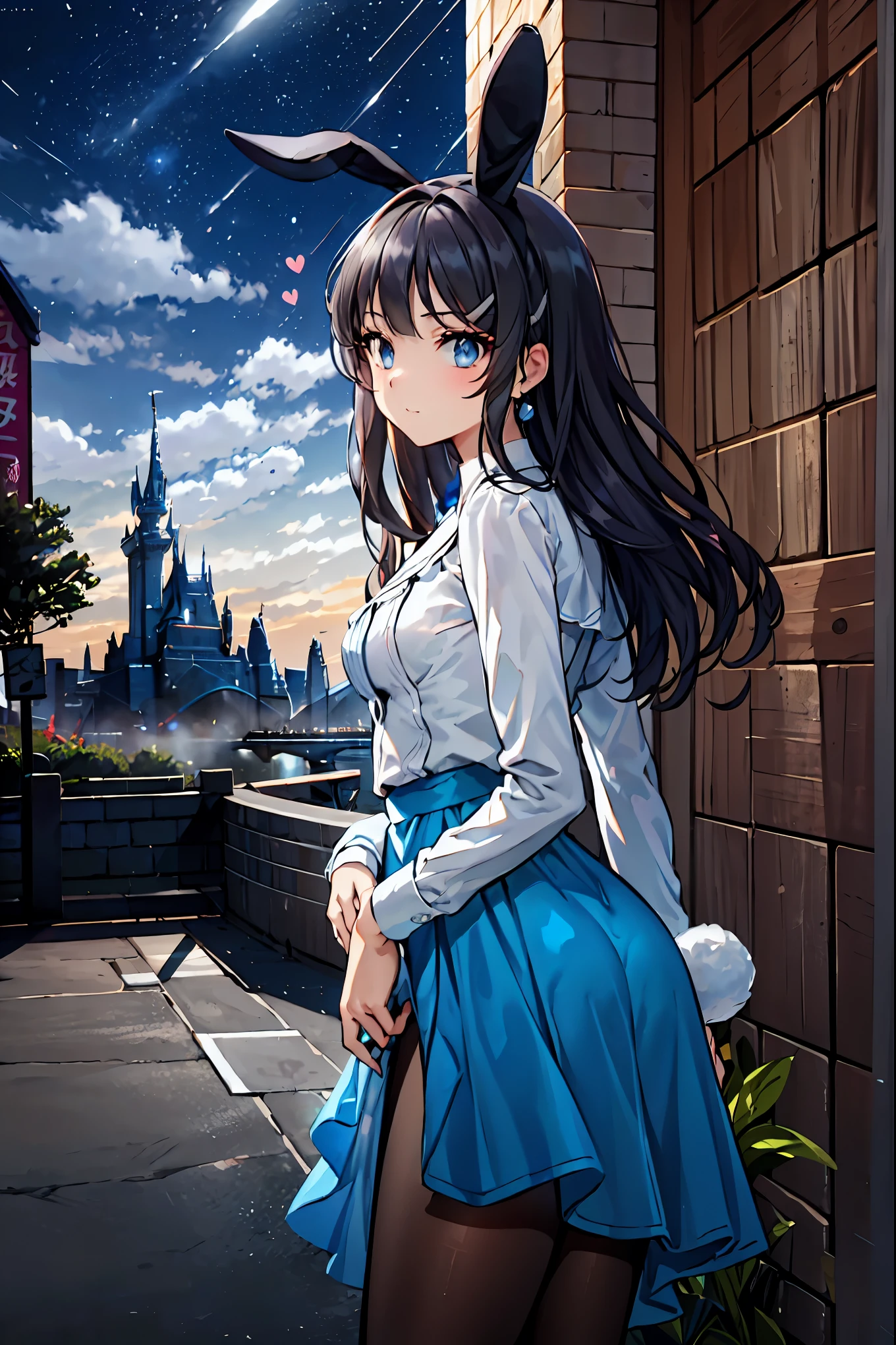 Bunny Girl at the Tavern,Under the Shiny Neon Lights,Bunny Girls Listen to the Hearts of Customers,Selling Escapist for a Moment,active，Attractive Poses,Rich Proportions,plump curves,beautiful face,Glossy Hair,Glittering Costumes,meteor、空から降り注ぐmeteor、無数のmeteor群、Tokyo Disneyland,Tokyo Disneylandの活気に満ちた魔法のような雰囲気の中を歩く, casual clothes､cute clothes､Cinderella Castle can be seen in the background, warm sunshine､The vibrant and cheerful atmosphere of Disneyland，Families and couples pass by,brown hair，shortcut，unkempt hair，Short braided hair，Neat，slender beauty，correct posture，small breasted，Beautiful legs，Enchanting Gray-Blue Eyes Shine Like Stars，Saggy Eyes，Brilliant Colors,beautiful eyes,A delicate smile,Textured Skin,Best quality at its best,gentle and beautiful woman,anime style､Bewitching Expression,Bold action,Night Atmosphere,Realistic CG Art,dramatic lighting,Dense Gradation,Striking colours,HIGH QUALITY,8K,Photorealistic,Realistic,Professional skills,Refined Textures,Brilliant Colors彩,bokeh,Dark and Enchanting