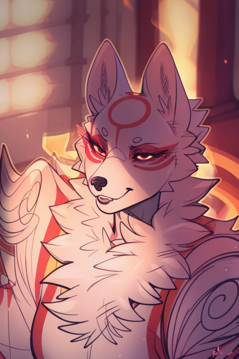 score_9, score_8_up, score_7_up, Expressiveh, masterpiece, best quality, highly detailed, realistic, (zPDXL3), 1girl, solo, (AmaterasuDWD, furry, anthro, female wolf, white body, white fur, red markings, black nose, , black , black lipstick, black sclera, yellow eyes, black nails, bedroom eyes,  east asian clothing, red robe, cleavage overflow), face only, close-up, smile, closed mouth, looking at viewer, simple background, ((peace sign)), uncensored