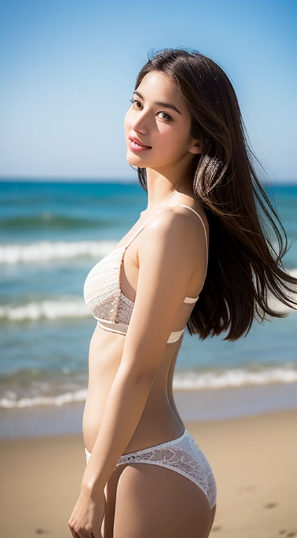 (8k, RAW photo, best quality, masterpiece:1.2), (realistic, photo-realistic:1.4), (extremely detailed 8k wallpaper), sharp focus, depth of field, blur background, bokeh,  cinematic lighting, soft light, upper body, 20 years old cute actress arms up on the beach.long hair, (white plain ??????: 1.5), smile