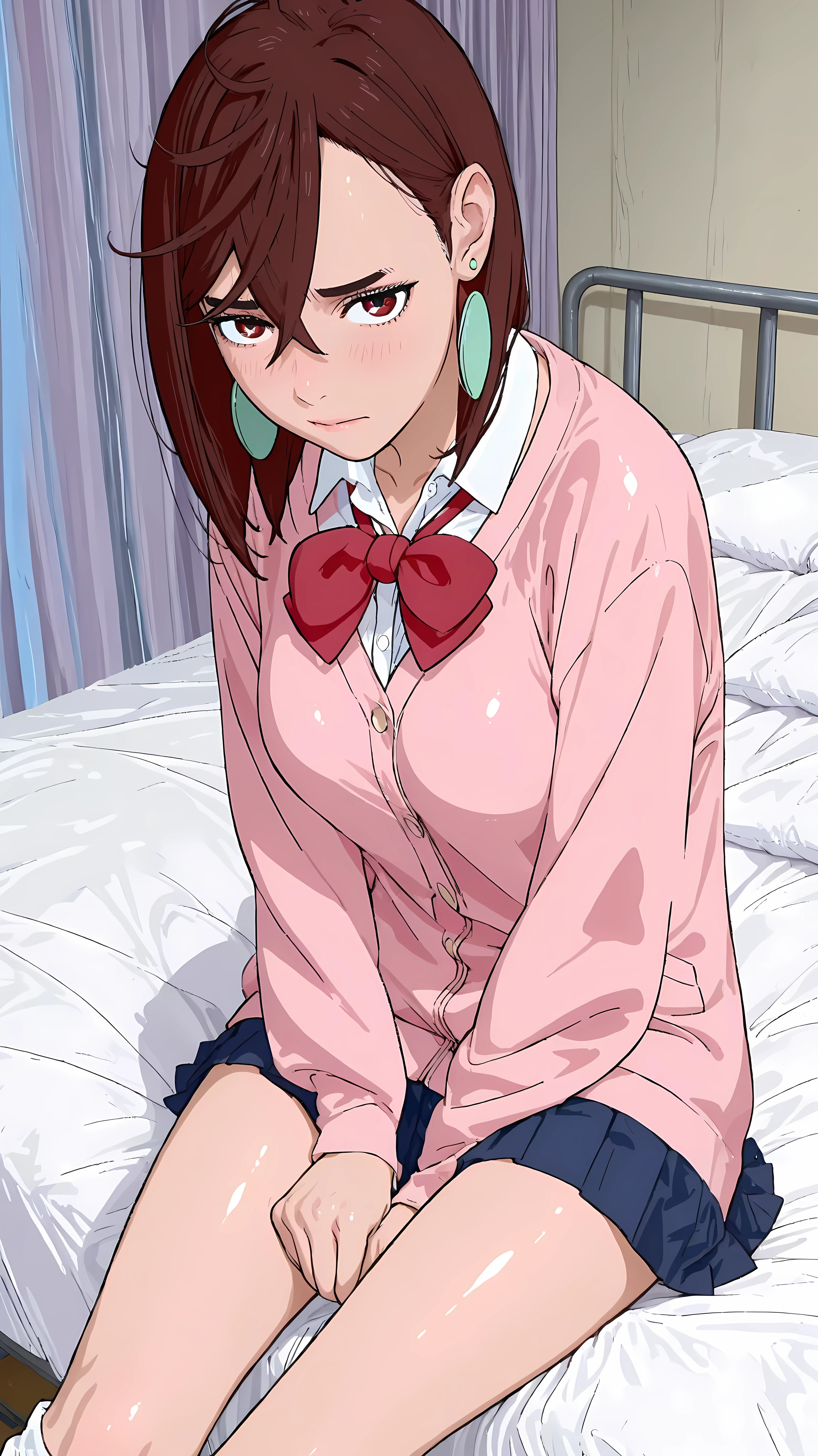 (masterpiece,best quality:1.2,amazing quality,very aesthetic, absurdres, newest),(anime coloring), dandadan style ,(solo,Ayase Momo, Dandadan ),1girl,(ideal ratio body proportions:1.2),(slender body,skinny), medium breasts,brown medium hair,big eyes,brown eyes,shy, chocker, red bowtie, , pink cardigan, long cardigan, long sleeves, blue skirt, pleated skirt, school uniform, earrings, collared shirt, white shirt,shiny skin,sitting,loose socks,bed,white bedsheets, Women's single room ,daytime,