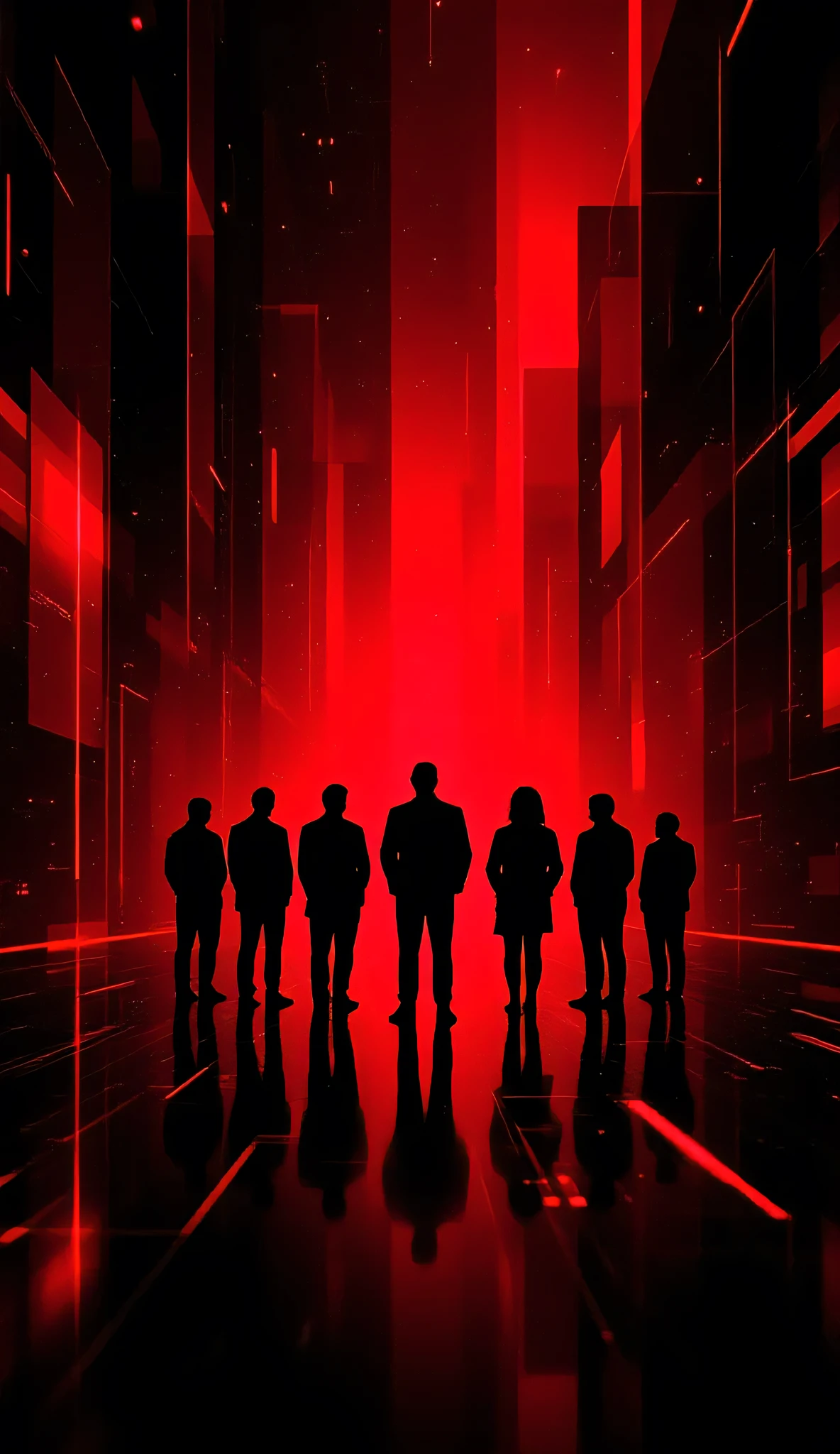 creative background for advertising , Colors black , red , geometric figures, trading silhouettes, computers etc