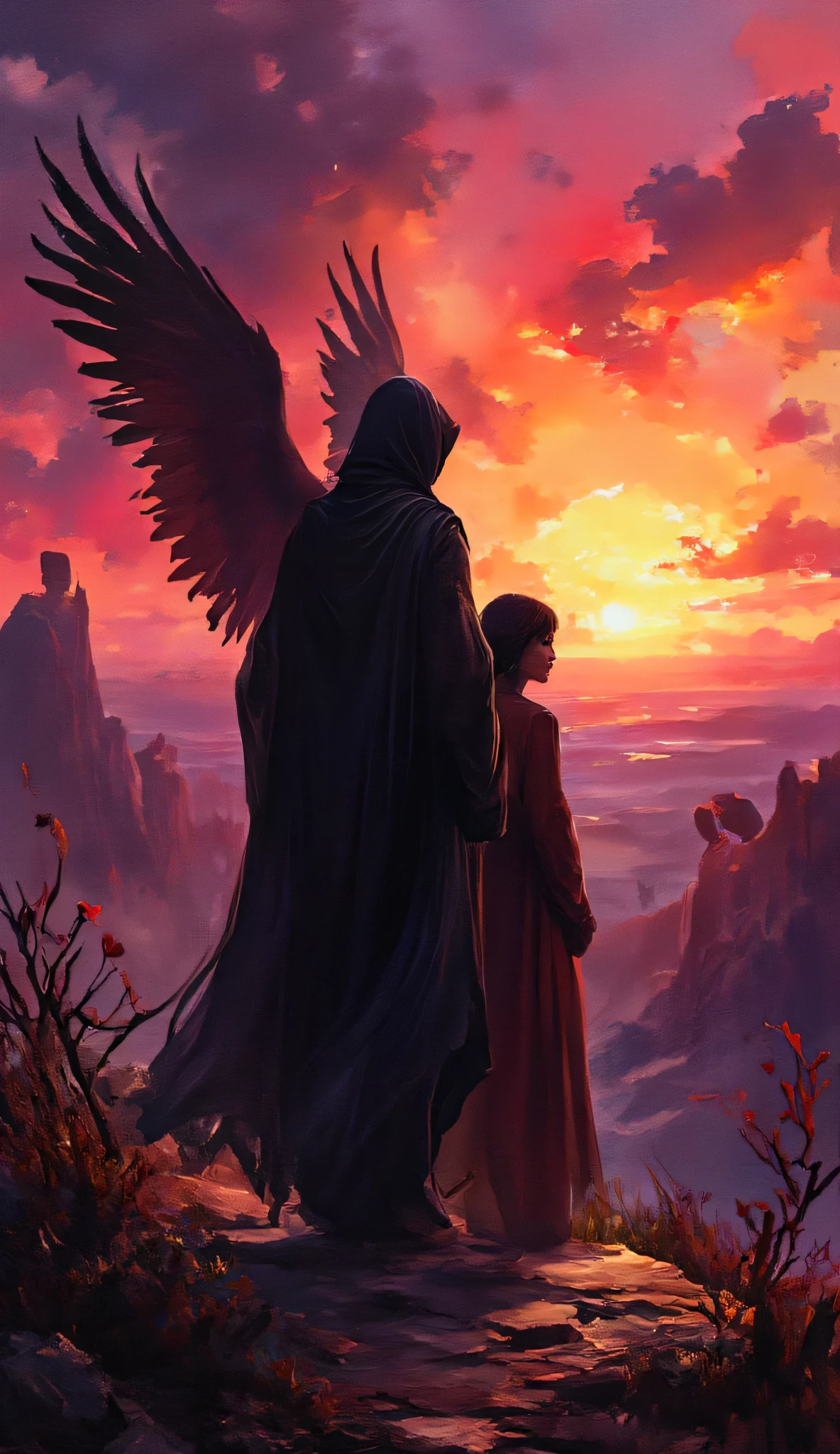 A dark, fantastical scene features a cloaked figure with wings overlooking a desolate landscape. A woman stands beside him, while shadowy figures and creatures loom in a vibrant sunset backdrop.