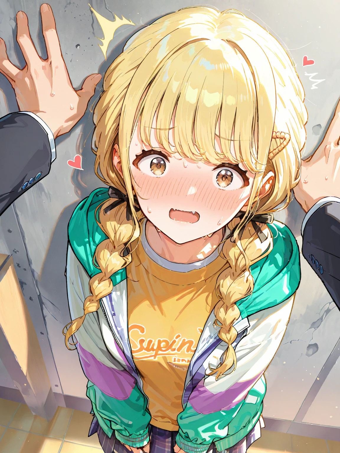 ((masterpiece))((Highest quality))girl、Laughing with your mouth open、blush、Flat 、Are thin、Blonde Hair、blush、Are standing、Whole body image、Eye level on face、、No background、Blue clothes、Hair is two colors、Twin tails、Red Eyes、Two-tone red and yellow hair、With open arms