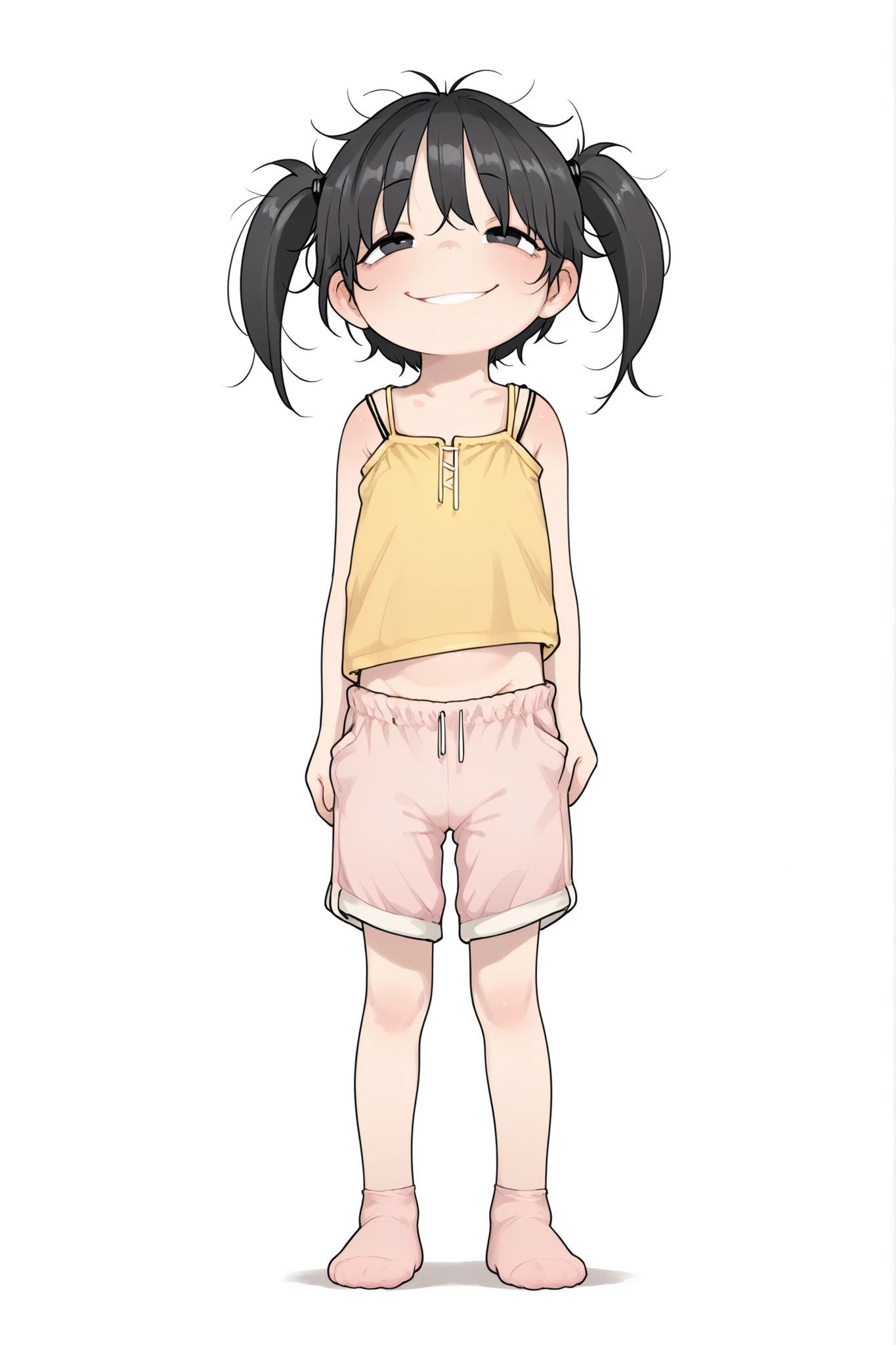 masterpiece,best quality,amazing quality,extremely high resolution,Nishikawa Noriko,1girl, black-haired, hair two pigtails, smile, vista in front, full body, in front, messy hair too messy too messy, standing, stop, sleeveless yellow shirt with thin straps, light pink fabric shorts, he has no shoes, alone, Very detailed black eyes ,, white background, bottomless, extrovert, innocent and cheerful eyes