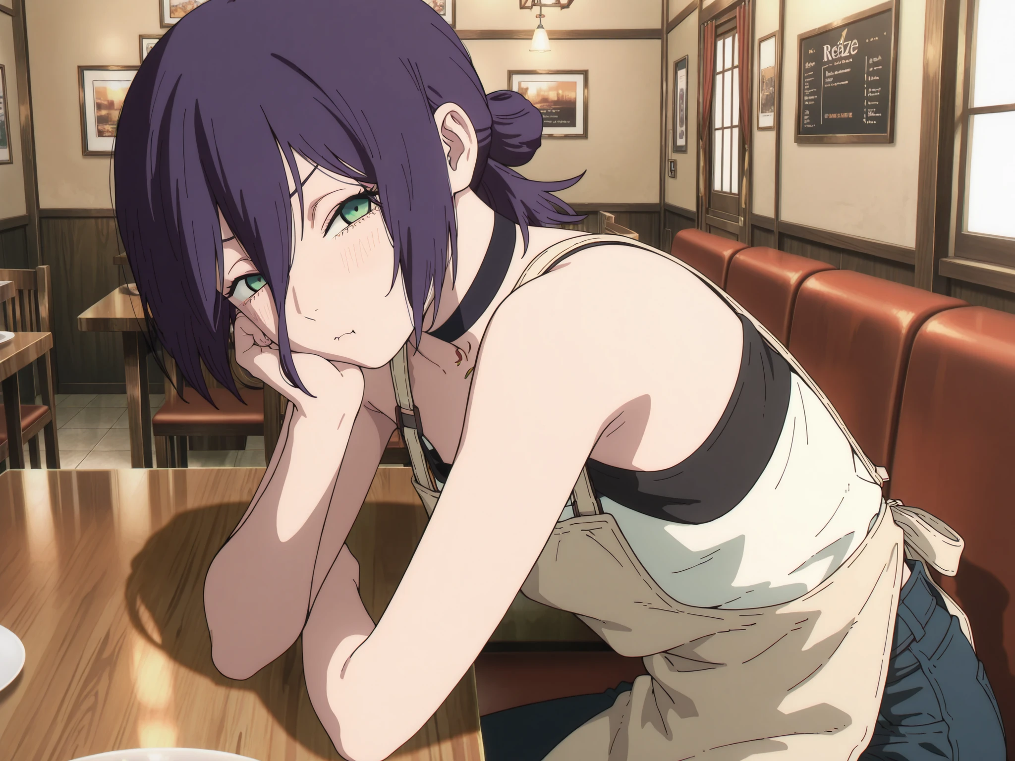 (masterpiece, detailed:1.2),best quality, newest, very awa, masterpiece, best quality, absolutely absurdres,proportional body, proportional1:1.2, beautiful hair, beautiful face, newest, anime screencap, ultra detail, reze, black choker, purple hair, choker, eyebrows hidden by hair, green eyes, long bangs, medium hair, reze from chainsaw man, ,, shoulders, two-tone shirt, apron, denim, leaning forward, table, restaurant, interior,, pull pin decorate on choker, decoration on side of choker, sitting, expression, facing viewer, pout