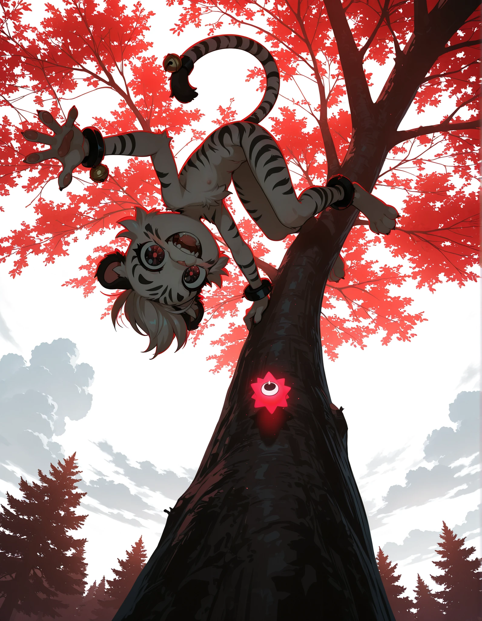 masterpiece, high detail, depth of field, dynamic lighting, best quality, very aesthetic, 8k, best quality, cinematic, high resolution, ultra-detailed, absurdres, newest, (kogenta pouncing an viewer:1.3), (falling from tree:1.1), full body, male, furry, anthro, looking at viewer, young, skinny, flat, (cute:1.1), digitigrade, fluffy fur, dramatic lighting, extremely detailed fur, detailed eyes, extreme low angle, forest, clouds, wide open mouth, smiling, tail in the air, showing teeth, tongue sticking out, (red color pop:1.2), (big eyes, mesmerizing eyes:1.1), monochromo,  high contrast, white sky,  kogenta, red eyes, bright white fur, tiger ears, tiger stripes, anklet, tiger tail, bell on tail, tail ornament 
