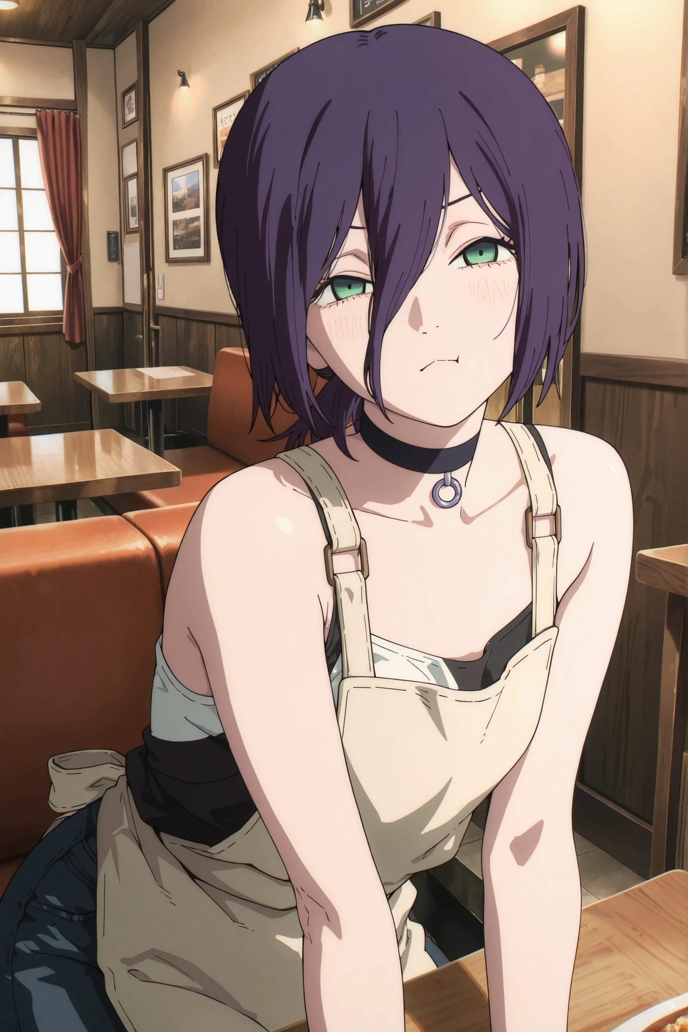 (masterpiece, detailed:1.2),best quality, newest, very awa, masterpiece, best quality, absolutely absurdres,proportional body, proportional1:1.2, beautiful hair, beautiful face, newest, anime screencap, ultra detail, reze, black choker, purple hair, choker, eyebrows hidden by hair, green eyes, long bangs, medium hair, reze from chainsaw man, ,, shoulders, two-tone shirt, apron, denim, leaning forward, table, restaurant, interior,, pull pin decorate on choker, decoration on side of choker, sitting, expression, facing viewer, pout