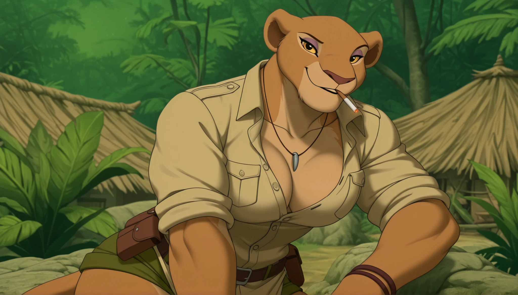 nala as anthropomorphic lioness princess in a jungle village, Nala, yellow eyes, (makeup), ((anthro)), lioness, necklace, bracelets, (military uniform), adventurer, ((safari outfit)), (beige button down shirt), collarbone, ((cleavage)), ((unbuttoned shirt)), ((rolled up sleeves)), ((oversized shirt)), untucked shirt, (breast pockets), green shorts, utility belt, sassy, smile, parted lips, erect nipples, wide hips, (anime screencap:1.2), (1girl), ((masterpiece)), best quality, realistic, big breasts, round breasts, (bright colors), jungle, lush vegetation, trees, village, relaxed pose, Nala_lion_king, ((muscular)), looking at viewer, smoking, cigarette