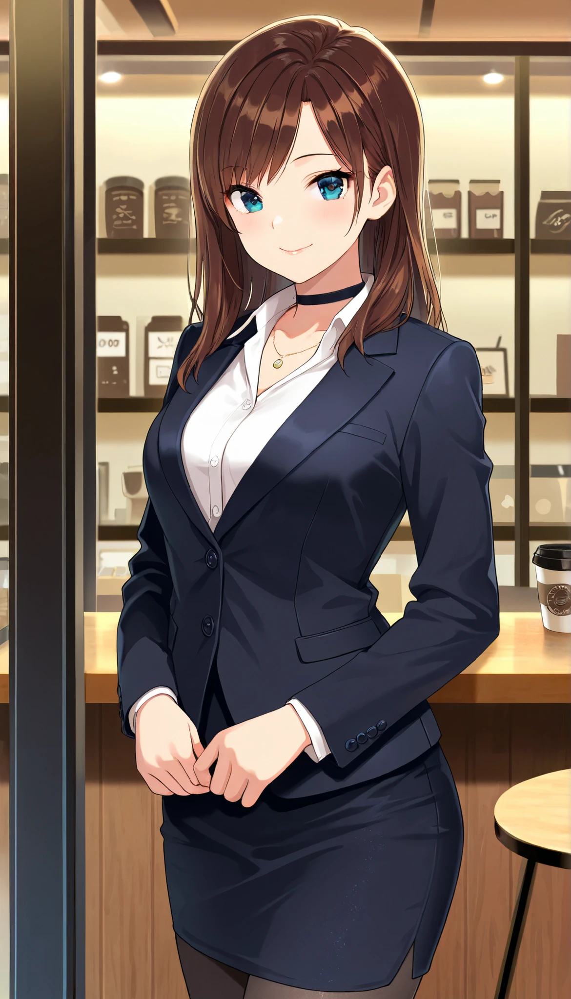 cowboy shot、masterpiece, Best Quality,  Beautiful Details, Fine texture, Fine skin,  very cute girl Alone, smile,closed mouth, rouge lips, Deep Blue Eyes , Brown Hair,  Right-parted bangs, (( Long Sleeve suit ,closed blazer, pencil skirt, collared shirt), pantyhose, choker ,necklace, cowboy shot ,  indoor, coffee shop, 