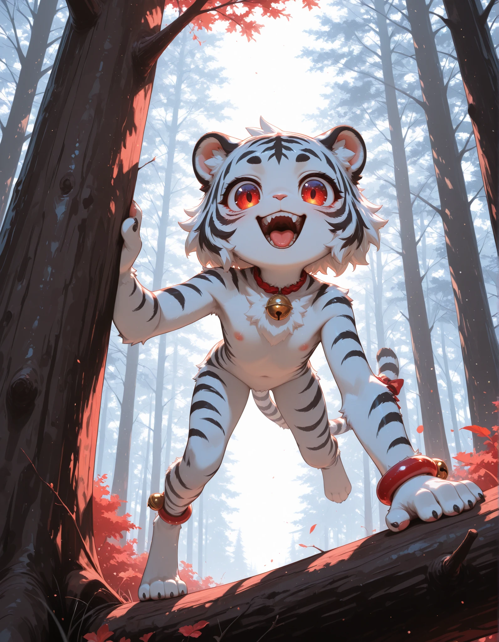 masterpiece, high detail, depth of field, dynamic lighting, best quality, very aesthetic, 8k, best quality, cinematic, high resolution, ultra-detailed, absurdres, newest, (kogenta pouncing an viewer:1.3), (falling from tree:1.1), full body, male, furry, anthro, looking at viewer, young, skinny, flat, (cute:1.1), digitigrade, fluffy fur, dramatic lighting, extremely detailed fur, detailed eyes, extreme low angle, forest, clouds, wide open mouth, smiling, tail in the air, showing teeth, tongue sticking out, (red color pop:1.2), (big eyes, mesmerizing eyes:1.1), monochromo, high contrast, white sky, kogenta, red eyes, bright white fur, tiger ears, tiger stripes, anklet, tiger tail, bell on tail, tail ornament