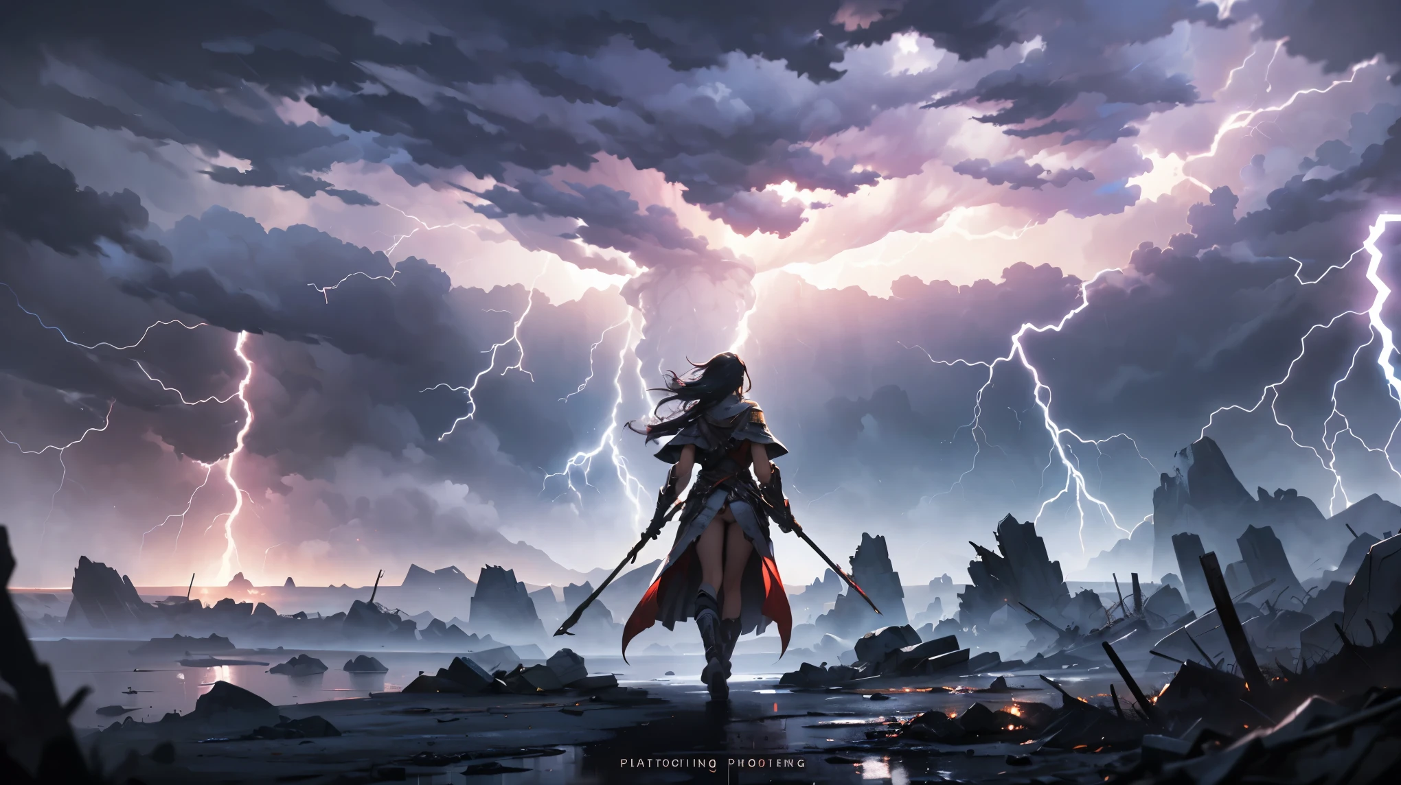 (masterpiece, best quality, ultra-detailed, 8k), (photorealistic:1.3), epic fantasy digital art, cinematic lighting. A wide landscape shot of a lone valkyrie, a aesir goddess, walking across a vast, misty battleground. She is in a dynamic pose, (surrounded by crackling thunder and lightning:1.3). (Foreground of broken weapons and cracked earth:1.2). In the style of Charlie Bowater and Maciej Kuciara.
