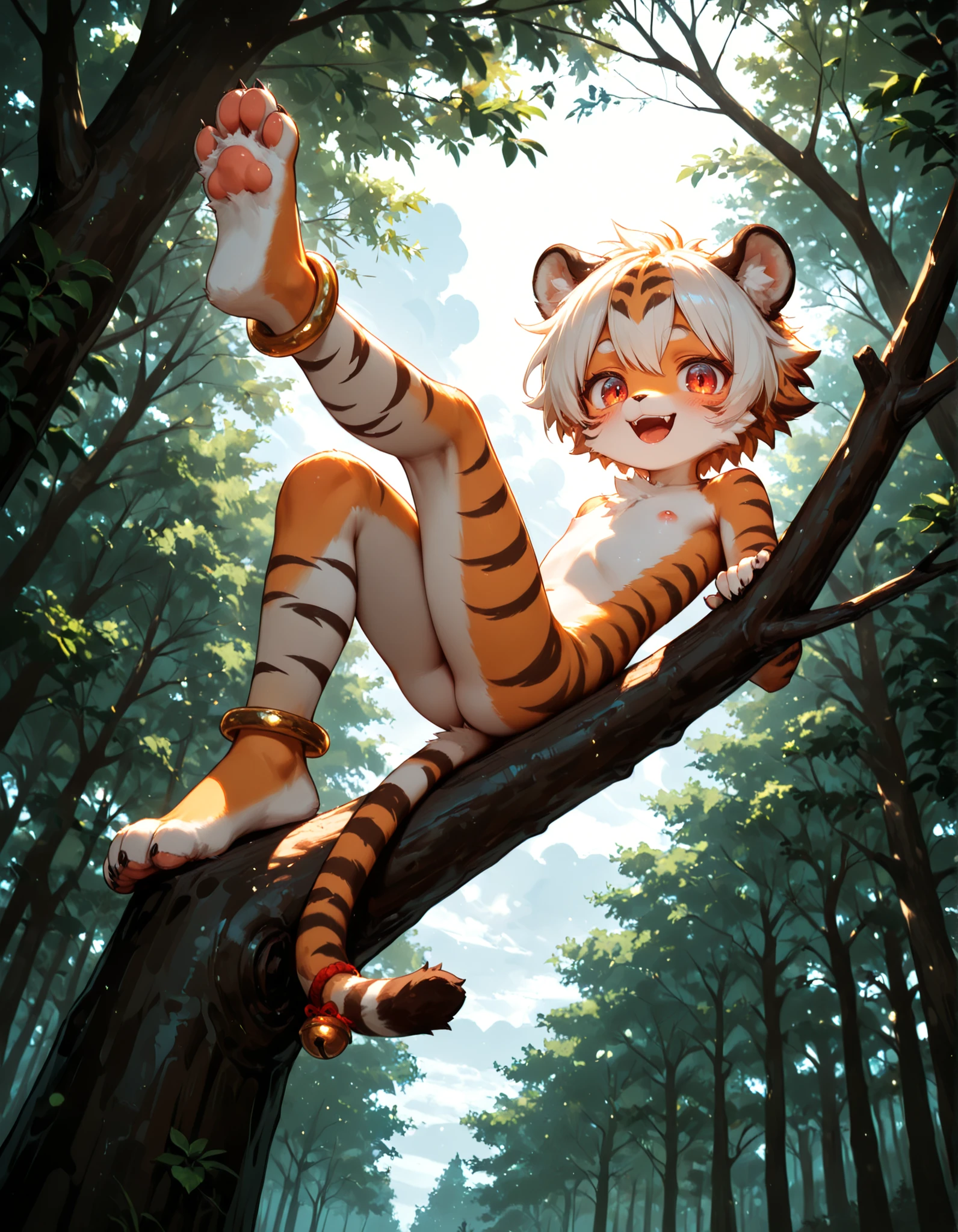 masterpiece, high detail, depth of field, dynamic lighting, best quality, very aesthetic, 8k, best quality, cinematic, high resolution, ultra-detailed, absurdres, newest, (kogenta pouncing an viewer:1.3), (falling from tree:1.1), full body, male, furry, anthro, looking at viewer, young, skinny, flat, (cute:1.1), digitigrade, fluffy fur, dramatic lighting, extremely detailed fur, detailed eyes, extreme low angle, forest, clouds, wide open mouth, smiling, tail in the air, showing teeth, tongue sticking out, (red color pop:1.2), (big eyes, mesmerizing eyes:1.1), monochromo, high contrast, white sky, kogenta, red eyes, bright white fur, tiger ears, tiger stripes, anklet, tiger tail, bell on tail, tail ornament
