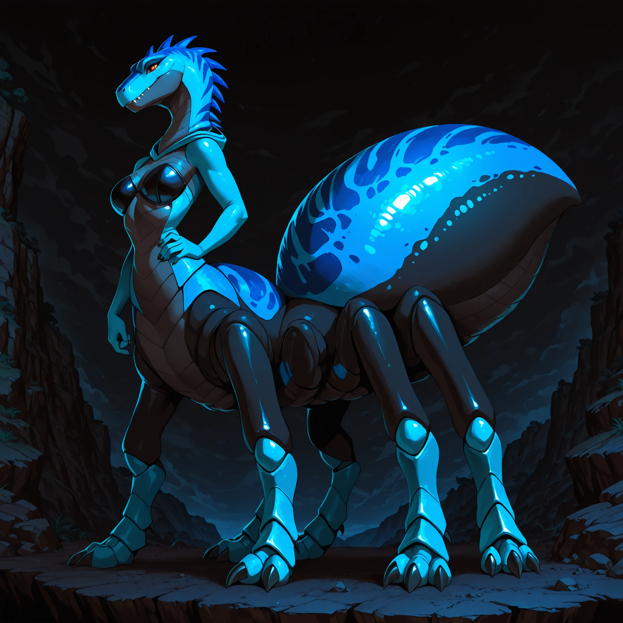 (solo:5.5), best quality, anime style, anime shading, 4k, 8k, ultra highres, masterpiece, large digital painting, epic fantasy concept art, ultra-detailed, comic book illustration, sharp focus, vivid color contrast, full body, blue female anthro dinosaur, Spider-taur, (arthropod_abdomen), taur, standing on a cliff, at night, dark background, dark chitin covered body, chitin covered legs, dinosaur head,