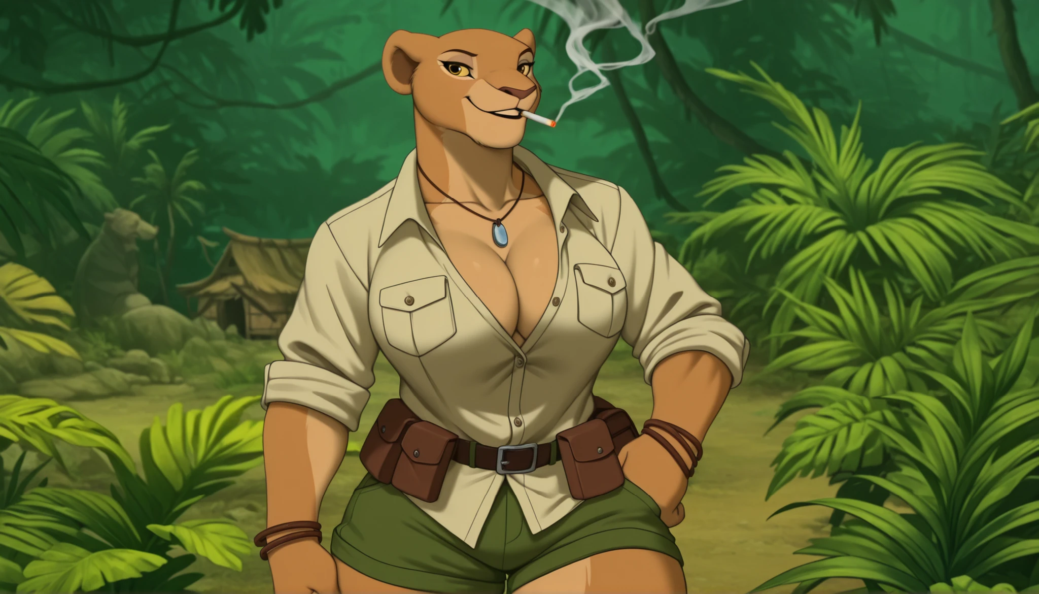 nala as anthropomorphic lioness princess in a jungle village, Nala, yellow eyes, (makeup), ((anthro)), lioness, necklace, bracelets, (military uniform), adventurer, ((safari outfit)), (beige button down shirt), collarbone, ((cleavage)), ((unbuttoned shirt)), ((rolled up sleeves)), ((oversized shirt)), untucked shirt, (breast pockets), green shorts, utility belt, sassy, smile, parted lips, erect nipples, wide hips, (anime screencap:1.2), (1girl), ((masterpiece)), best quality, realistic, big breasts, round breasts, (bright colors), jungle, lush vegetation, trees, village, relaxed pose, Nala_lion_king, ((muscular)), looking at viewer, smoking, cigarette