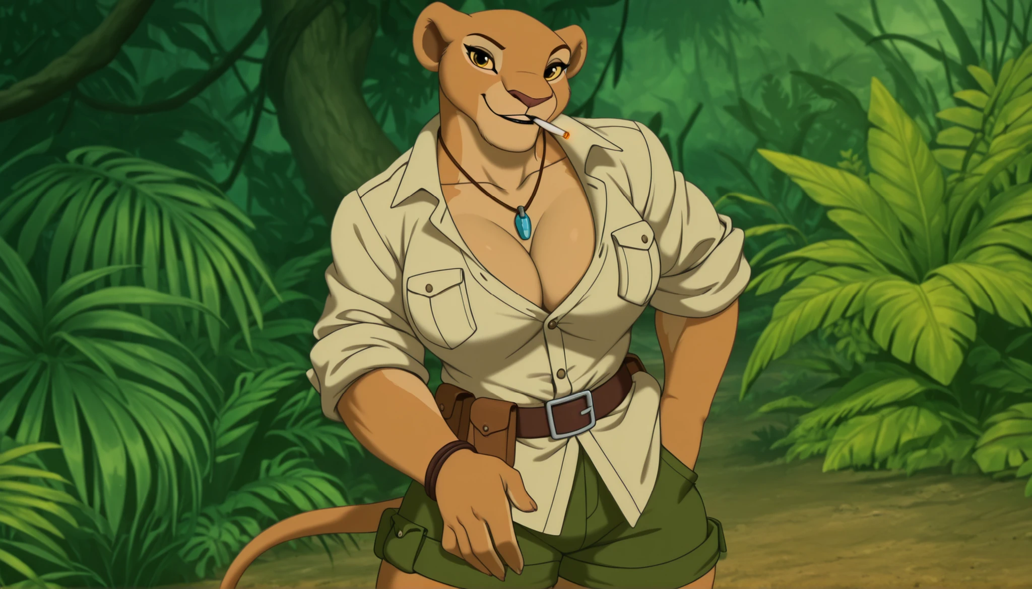 nala as anthropomorphic lioness princess in a jungle village, Nala, yellow eyes, (makeup), ((anthro)), lioness, necklace, bracelets, (military uniform), adventurer, ((safari outfit)), (beige button down shirt), collarbone, ((cleavage)), ((unbuttoned shirt)), ((rolled up sleeves)), ((oversized shirt)), untucked shirt, (breast pockets), green shorts, utility belt, sassy, smile, parted lips, erect nipples, wide hips, (anime screencap:1.2), (1girl), ((masterpiece)), best quality, realistic, big breasts, round breasts, (bright colors), jungle, lush vegetation, trees, village, relaxed pose, Nala_lion_king, ((muscular)), looking at viewer, smoking, cigarette
