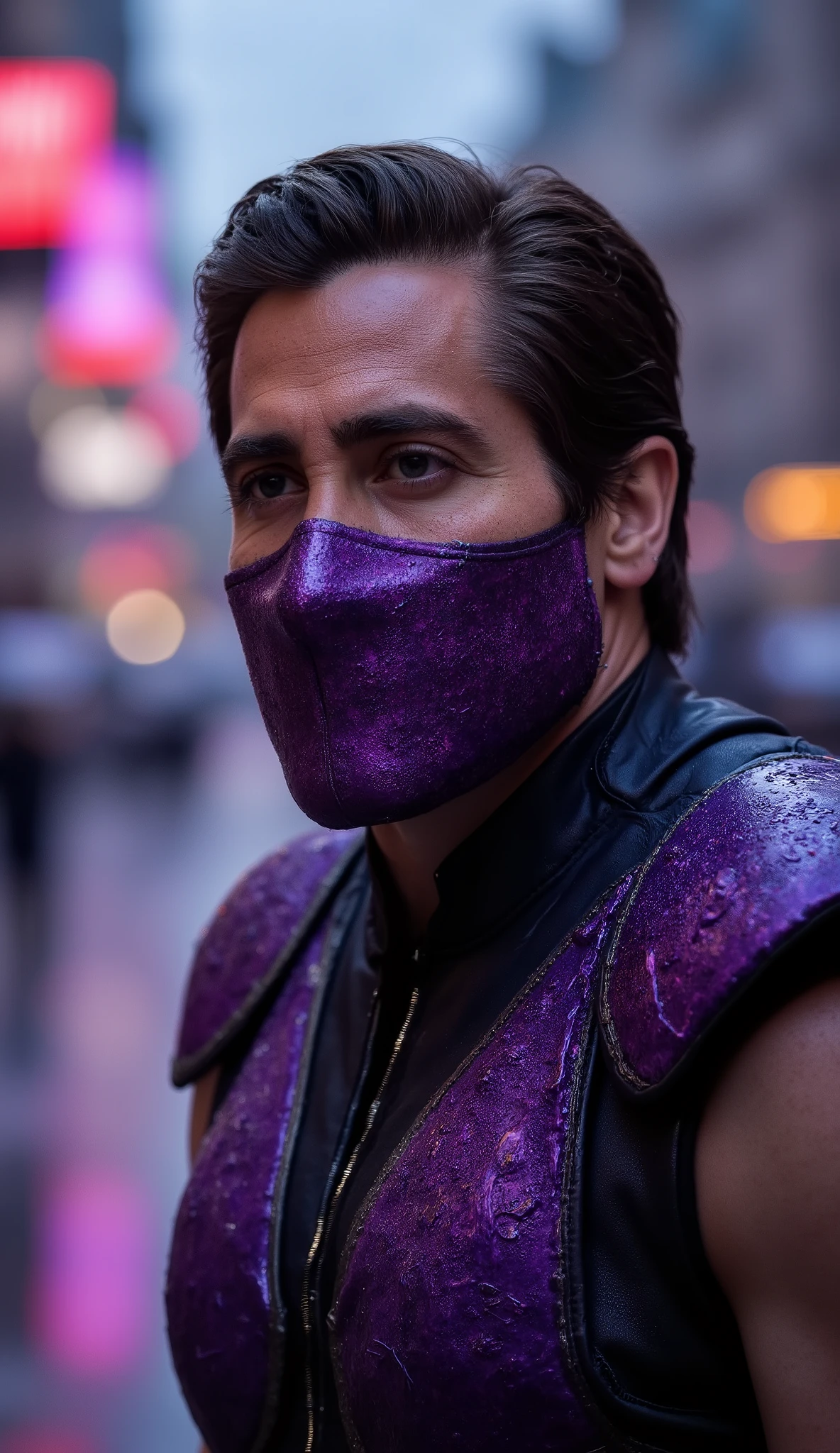 Ultra-realistic 8K cinematic close-up Jake Gyllenhaal from Rain from Mortal Kombat with his purple metal mask, framed from the waist up, wearing purple and black costume with aquatic details and wet metallic texture.
Raindrops drip down the mask and armor.
The background shows a luxurious street at night under light rain, purple and bluish reflections in puddles and cars.short depth of field (fundo desfocado) 
Cinematic lighting with realistic moist glow, Elegant and powerful atmosphere, realismo extremo.without exaggerated brightness, without artificial saturation

soft and realistic shadows