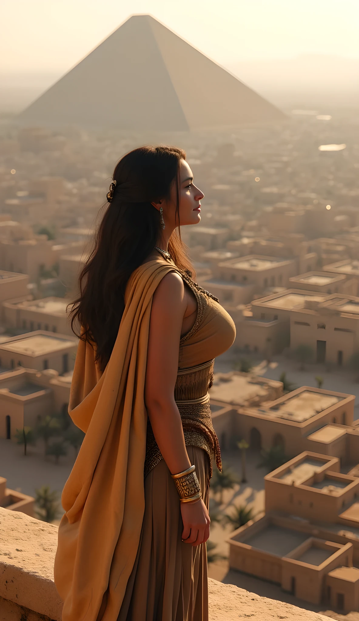 Assyria ancient age era,(bronze civilization age era),((Realistic cinematography intense realistically ultra wide angle ancient Assyria prosperity Metropolis city scenery)),((realistically close up happy smile persian female looking at horizon)),focusing on a busty female,on top of building,(clearly and distinctively depiction),(wearing silk robe and cloak),((ultra detailed every feature on the scene)),(Assyria ziggurat fortress),,,(perfectly depth symmetrically busty body depiction),(cinematic dynamically camera wide angle scenery:accurately depicted:1.3),the lively ancient classical depicting scenery,prosperity,realistically full depth,(cinematography dynamic angle|hyperrealistic:realistic scenery:3d texture over the scenery),,best videography angle,hdr,golden hour, (cinematography vibe),,(dynamic image composition),(octane 3d rendering|50mm lens shot:1.3),(lifelike human depiction:realism),(best rule of third photography composition),(best image aperture),(full details depth of field),(best shutter speed),(RAW photo image),(photorealistic|photorealism:hyperrealism style),(realistic depth 3d:cgi:1.3),(trending on cgsociety:devianart:unreal engine 5),,(best photography:national Geographic style), solarPunkAi and greenPunkAi artwork, digital art,best lighting concept,(realistic intricately fixed accurately fully human's anatomy anatomical),natural motion,inspired by farcry5 game artwork,(((sfw))),
