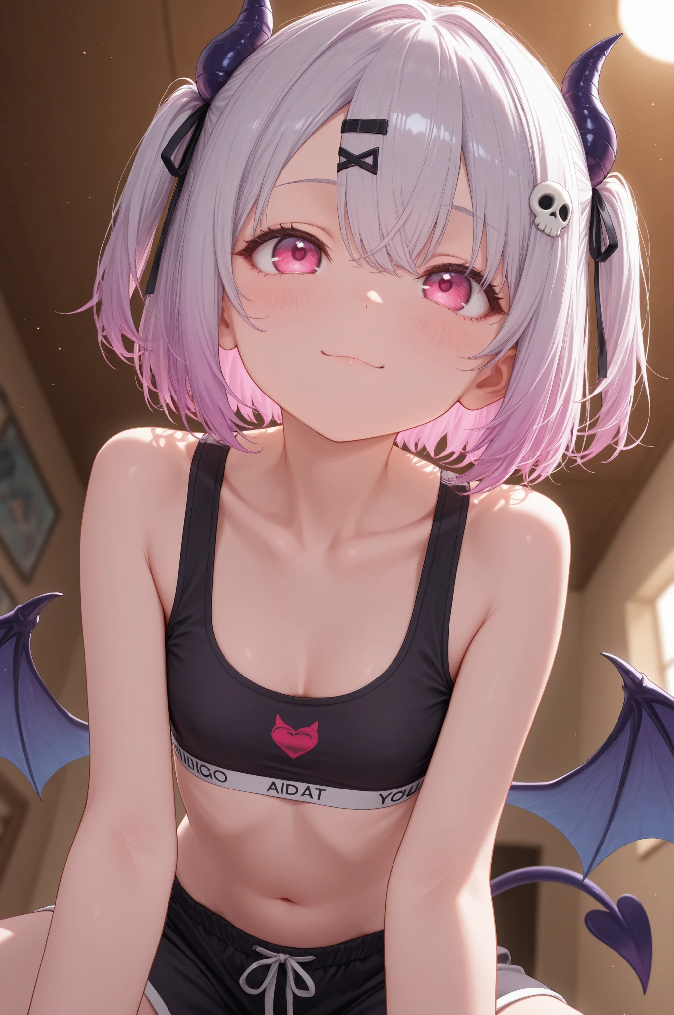 (detailed face), (yellow eyes,), (:1.2), (wet), nose blush, (sweat), off shoulder, crop top, shirt, huge breasts, slim, girl, smille, splead legs,  Kneesocks, pumps, fiull body shot,lens flare,