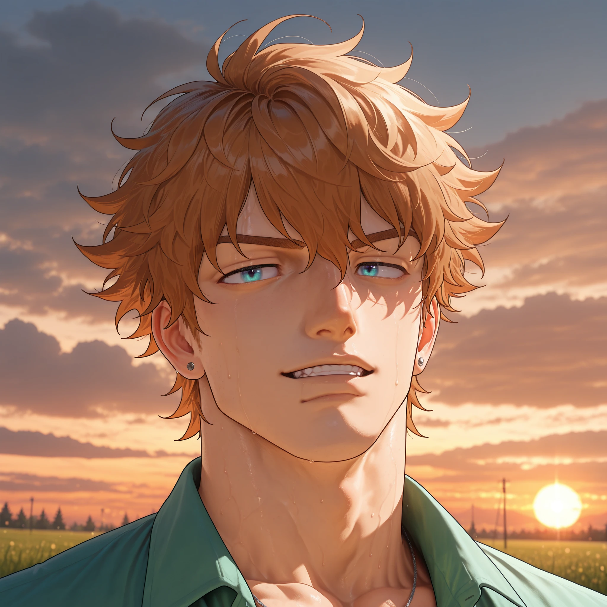 Bryce Callahan, young handsome man, short brown hair, piercing blue eyes, confident expression, relaxed posture, standing outdoors, lush green meadow, dramatic cloudy sky, golden sunset light, detailed realistic portrait, cinematic lighting, photorealistic, sharp focus, high resolution, vivid colors, smooth shading, oil painting, masterpiece, hyperrealistic