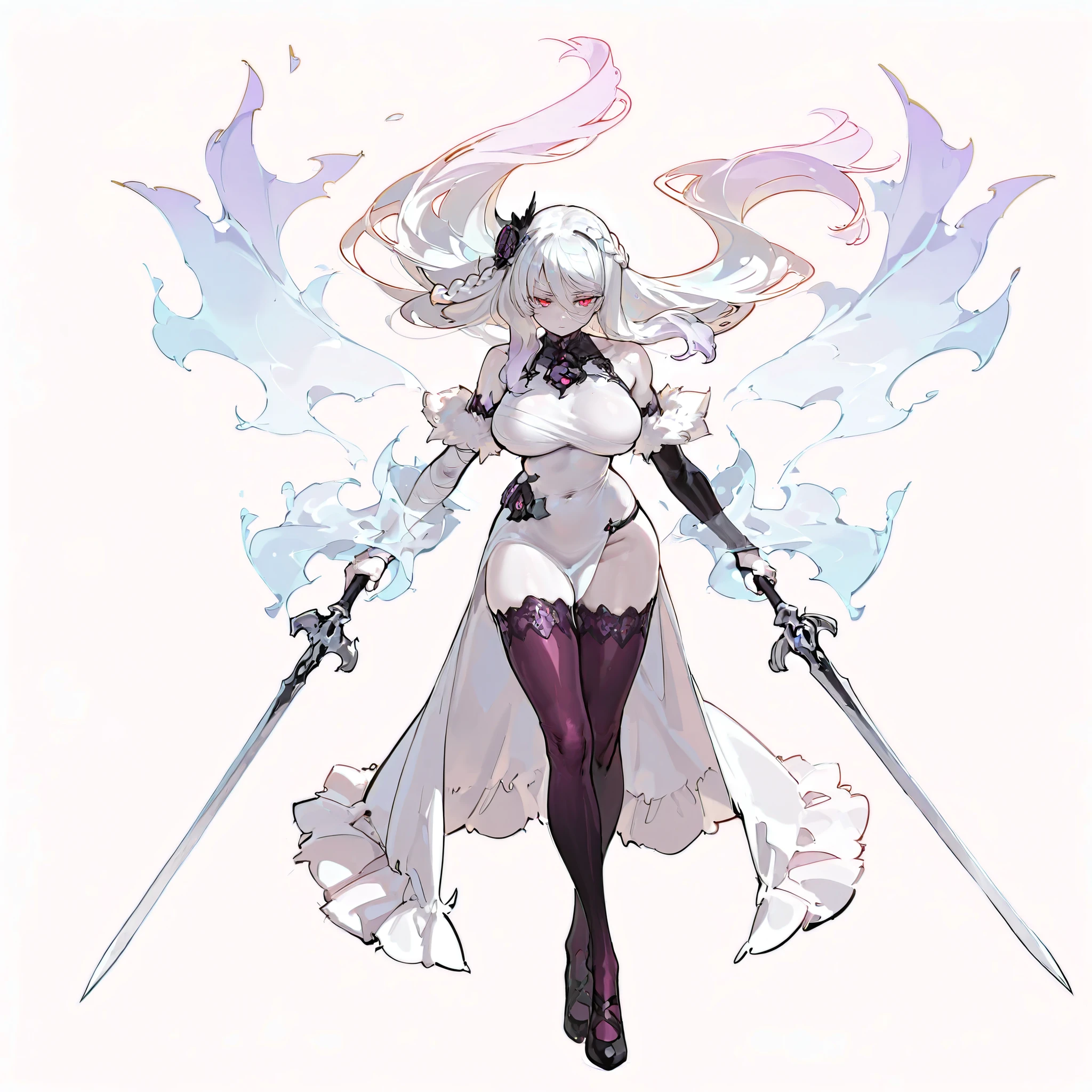 (((masterpiece))), (((Best Quality))), ((Ultra-detailed)), (High-Definition anime Illustration), ((extremely delicate and beautiful)), solo, Full body, wightmge, fantasy undead wight fighter girl, white shaggy hair, long hair, very long hair, gradient hair, braid, red eyes,calcified blind eyes, pale skin and mummified flesh! colored skin, white skin, purple thigh-highs,　extra arms, see-through arms, see-through gauntlets, clawed gauntlets, ((she is held both hands with twin swords)),(muscular)(Character Focus),highly detailed, Colorful, wearing ragged fighter gear and distorted mournful black armor, full body standing, Whole body, (((white background)))