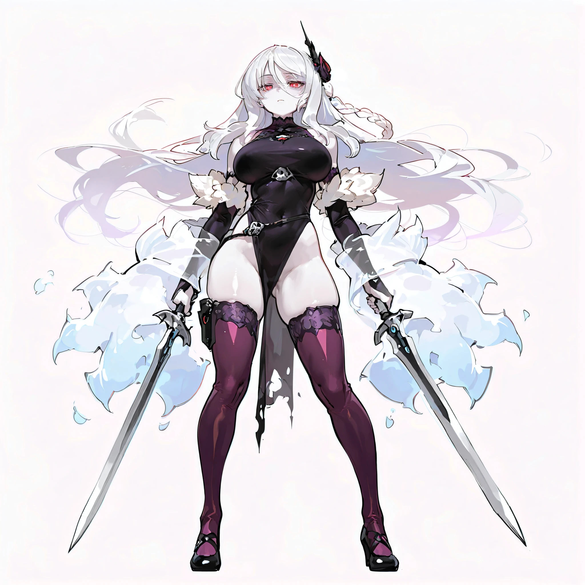 (((masterpiece))), (((Best Quality))), ((Ultra-detailed)), (High-Definition anime Illustration), ((extremely delicate and beautiful)), solo, Full body, wightmge, fantasy undead wight fighter girl, white shaggy hair, long hair, very long hair, gradient hair, braid, red eyes,calcified blind eyes, pale skin and mummified flesh! colored skin, white skin, purple thigh-highs,　extra arms, see-through arms, see-through gauntlets, clawed gauntlets, ((she is held both hands with twin swords)),(muscular)(Character Focus),highly detailed, Colorful, wearing ragged fighter gear and distorted mournful black armor, full body standing, Whole body, (((white background)))