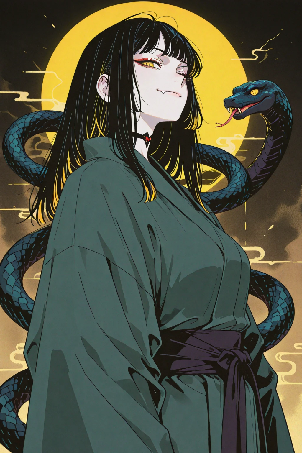 {-erro_de_anatomia:1.0} estilo anime, Masterpiece, absurdities, Orochimaru\(Naruto\), 1girl Solo, Mature woman, Oversized shirt with broad shoulders, Perfect composition, Detailed lips, large breasts, Beautiful face, body proportion, Blush, Long black hair, ( black hair), yellow eyes, Soft gauze, Super realistic, Detailed, photo shoot, Realistic faces and bodies, masterpiece, best quality, best (snake eyes) illustration, hyper detailed, 1 girl, solo, glamorous, blushing, whole body, angry face, on attack