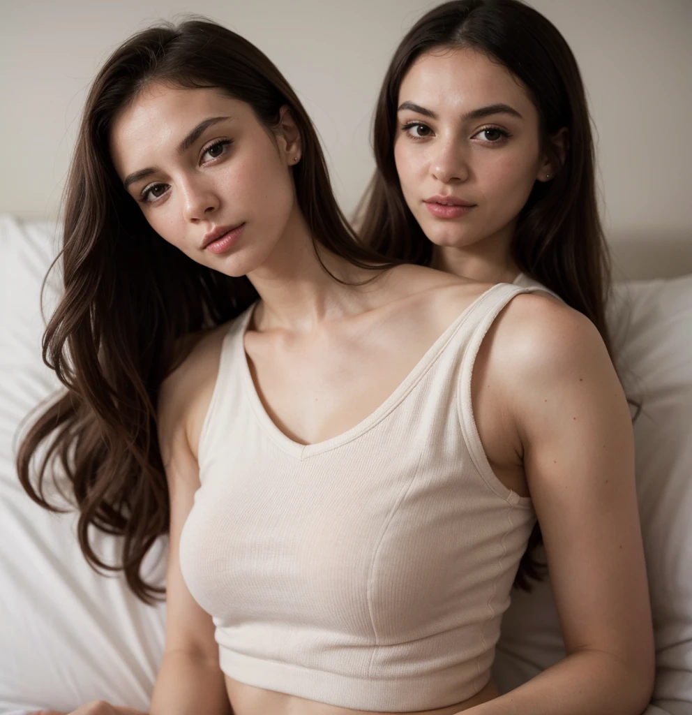 ((best quality)), ((masterpiece)), (detailed), perfect face, symetrical face, two girls, 15 years old, wearing tank tops, lines, , making out, kissing , brunette and blonde straight shoulder length hair, stunning, minimal makeup, athletic, slightly tanned, stunning, eyes locked on viewer, large , full bodies visible, muscular, thighs