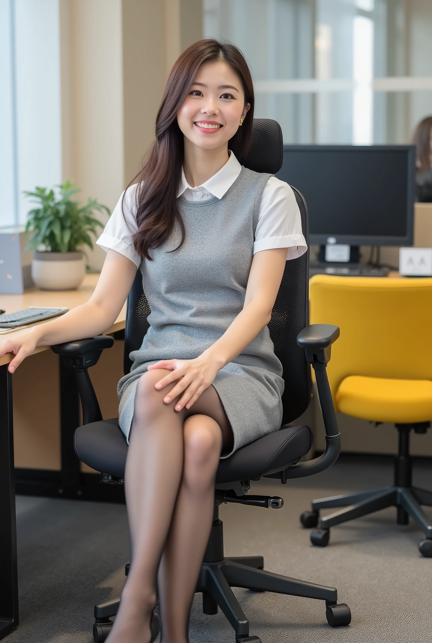 professional business portrait of a young Asian woman in an office environment. She's wearing a grey sleeveless dress over a white short-sleeved collared shirt, black sheer pantyhose and black high heels. she is in a black ergonomic office Posing in a chair, Legs crossed with a friendly smile. she is surrounded by typical office furniture: Shiraishi, computer equipment and yellow guest chair. The photo is、in a medium shot composition that emphasizes both the subject and work environment、was taken under various lighting conditions.