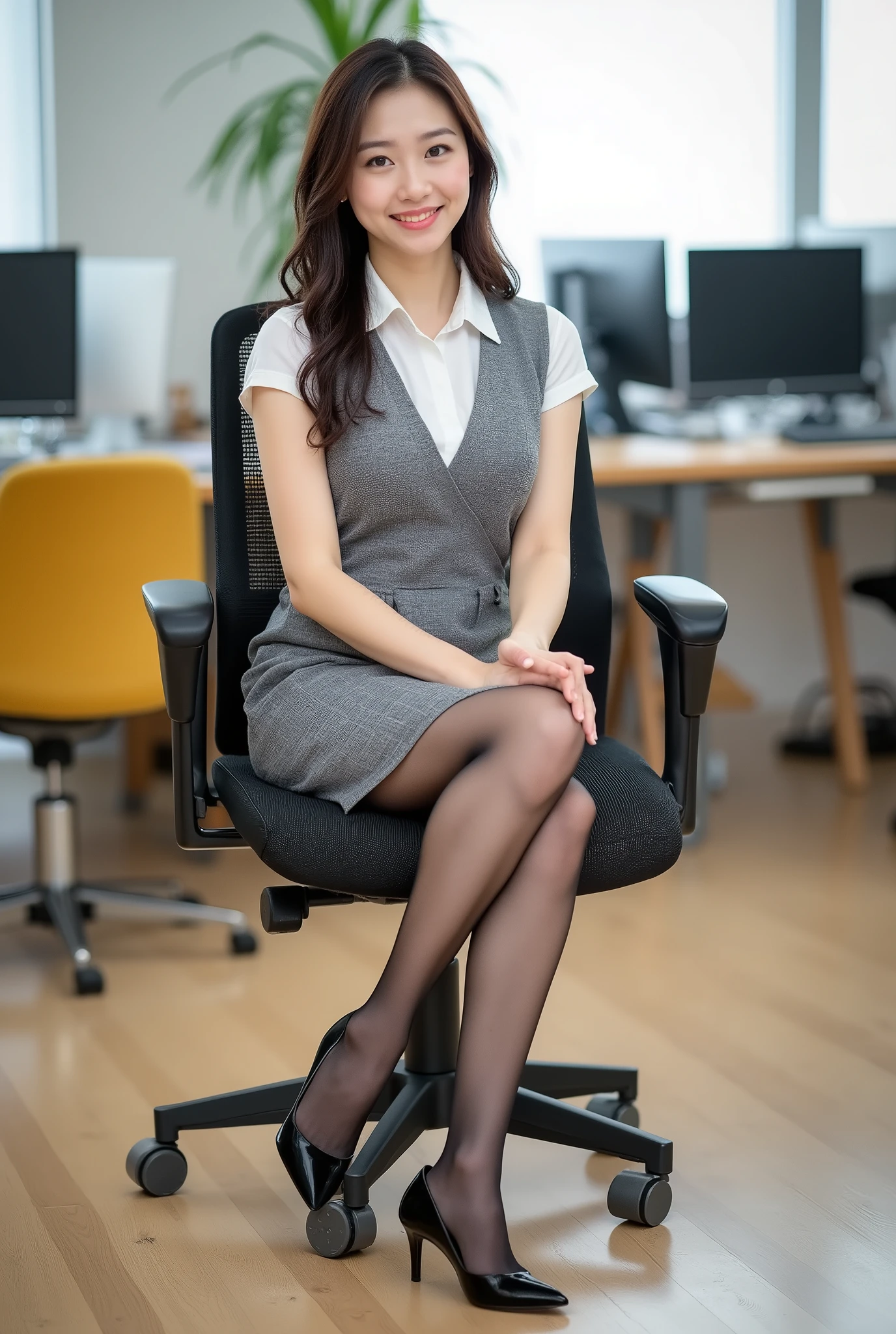 professional business portrait of a young Asian woman in an office environment. She's wearing a grey sleeveless dress over a white short-sleeved collared shirt, black sheer pantyhose and black high heels. she is in a black ergonomic office Posing in a chair, Legs crossed with a friendly smile. she is surrounded by typical office furniture: Shiraishi, computer equipment and yellow guest chair. The photo is、in a medium shot composition that emphasizes both the subject and work environment、was taken under various lighting conditions.