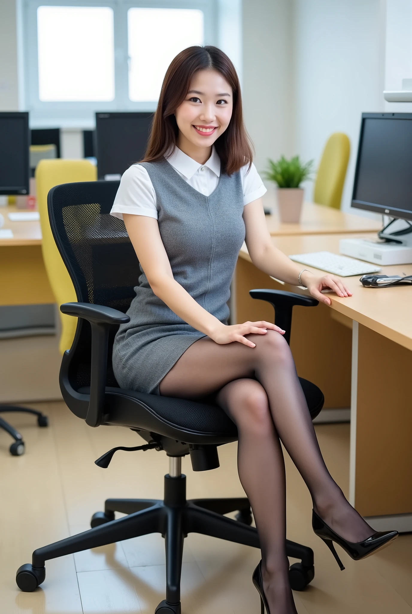 professional business portrait of a young Asian woman in an office environment. She's wearing a grey sleeveless dress over a white short-sleeved collared shirt, black sheer pantyhose and black high heels. she is in a black ergonomic office Posing in a chair, Legs crossed with a friendly smile. she is surrounded by typical office furniture: Shiraishi, computer equipment and yellow guest chair. The photo is、in a medium shot composition that emphasizes both the subject and work environment、was taken under various lighting conditions.