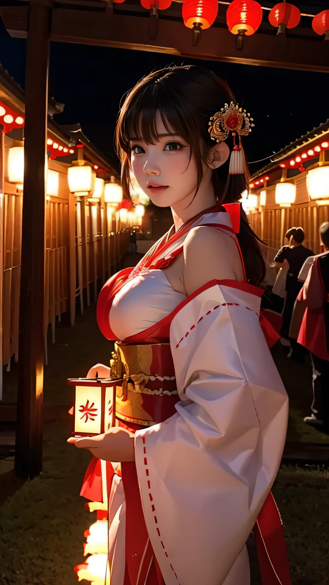 (masutepiece:1.3, Photorealsitic:1.4, 8K), top-quality, ​masterpiece, 超A high resolution, Perfect dynamic composition, Highly detailed skin and  texture:1.3, A detailed eye, Detailed limbs, Precincts at night:1.2, 1girl in, Cute  22 year old slim woman, Fair skin, ((Natural smile:0.9, Totally captivates you:1.0)), (accurate shrine maiden costume:1.2), (( :0.9)) (Facing the front, randome pose), (Beautiful blue eyes, Eyes that feel beautiful eros:0.85),  face:0.4, (A mouthfeel that feels beautiful eros:0.85), ((Too cute beauty:0.9))
