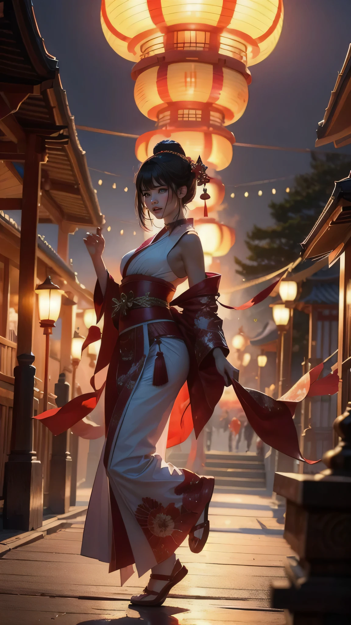 (exquisitely detailed CG unity 8k wallpaper, masterpiece-quality with stunning realism), (best illumination, best shadow), (best quality), (elegant style:1.2), Arti modern anime. angled view, heroic pose, midshot, (cel-shading style:1.3), centered image, ultra detailed closeup portrait of (Mai Shiranui:1) from (King of Fighters), best quality, expressive eyes, perfect face, highres, (ultra details), 1 girl, solo, (brown hair:1), hair ornament, eyeshadow, gold, white and red qipao, highly ornamented, in the city of Japan, portrait, looking at the viewer, piercing eyes, full body, (light from the angle:1) (wind blowing:1.2).(depth of field effects:1.3) (motion action:1.2) (closeup:1.2) (motion blur effects:1), spreading feet, Thin to ,see-through,(((Soggy-kimono:1.2))),Lace fabric, (((water-immersed body: 0.9))),jewelry, (lying down:1) (holding an oriental fan on fire:1.1), (hands down:1), (asian face:1)