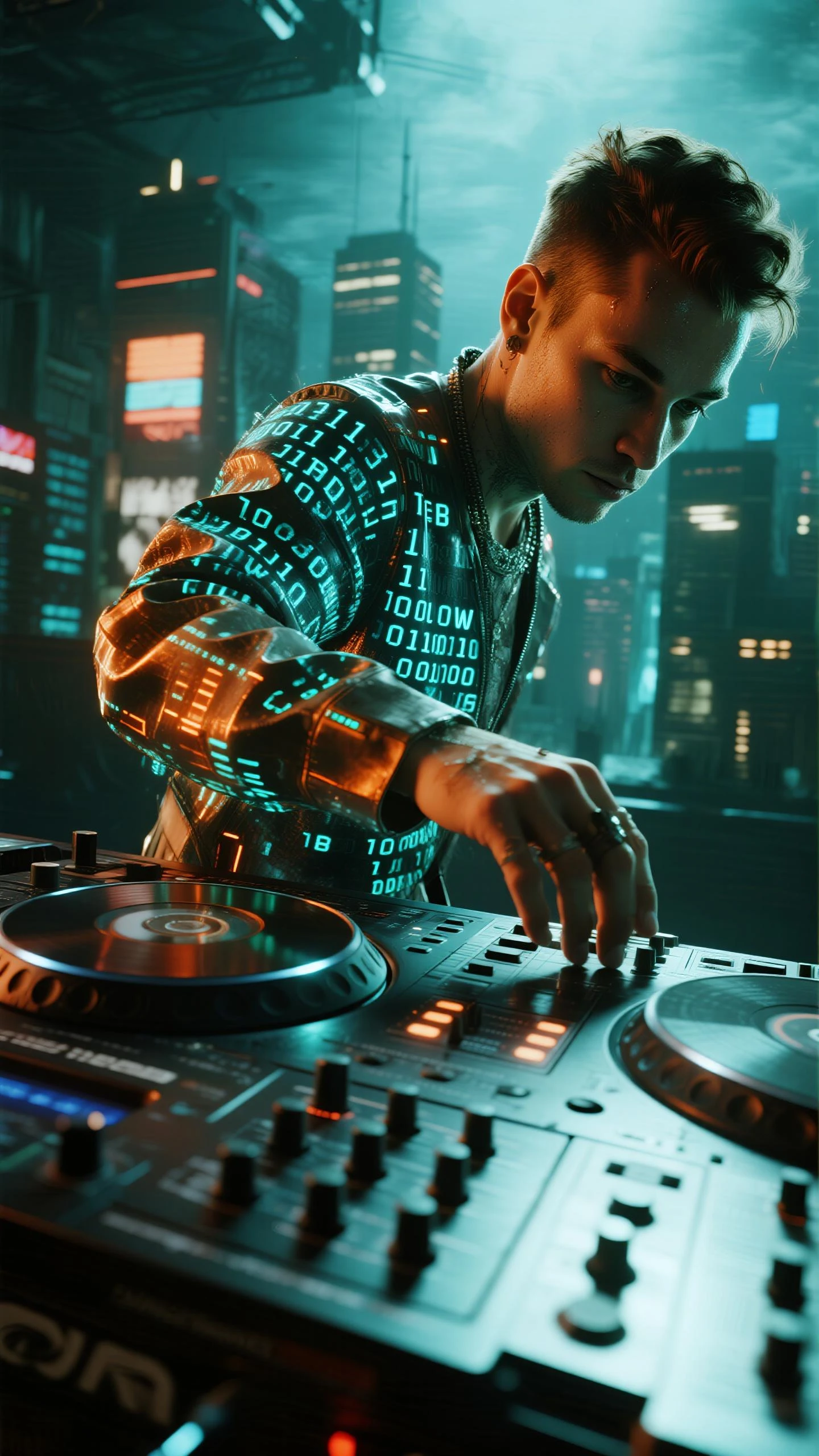 A cinematic masterpiece featuring a DJ mid performance, seamlessly merging with a stream of binary code, morphing into musical notation. The DJ is partially dissolving, showcasing the fusion of the digital world and sound. The backdrop is a futuristic cityscape rendered in holographic projections, creating a layered depth. The scene is lit with volumetric lighting and subtle god rays. Neon reflections play across the DJ and the cityscape. The color grading uses a primary teal and orange contrast with desaturated blacks, and electric blue (HEX: #00FFFF) highlights in the code and notations. The image should be ultra-sharp, 8K resolution, captured with a Canon R5 and an 85mm f/1.2 lens. Include micro details like sweat on the brow and reflections in the DJ's eyes. The style is neo-noir meets cyberpunk. Motion blur on the binary code and code with a shallow depth of field focusing on the DJ's face. The WOW effect is the DJ phasing in and out of reality. The binary code morphs into complex musical structures. Emphasize filmic realism, subtle film grain, and noise-free quality. The scene captures a pivotal moment.
