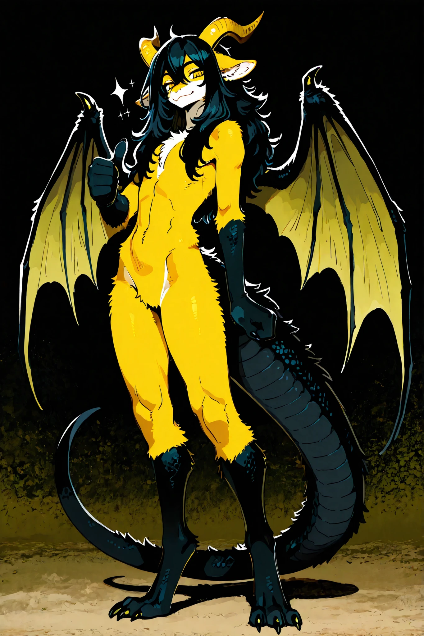 1man, androgynous, furry, fluffy, black scales, yellow fur, black claws, yellow horns, bat wings, black hair, long hair, yellow eyes, lizard tail, digitigrade legs, nude, standing, looking at viewer, smile, thumbs up