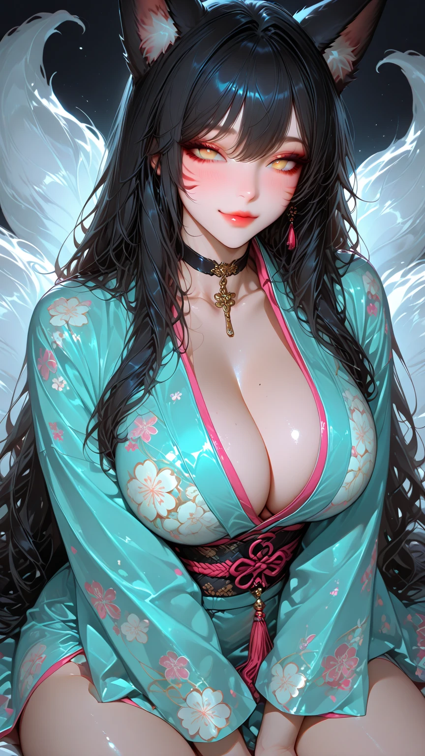 ((junkotvv cabello  con flequillo y orejas de gato, ojos rojos)), (masterpiece, top quality, best quality, official art, beautiful, cosmic, atmospheric, psychedelic, dreamlike, shinto shrine and aesthetic:1.2), (1girl, neon morado hair, beautuful highly detailed Harajuku-inspired hooded kimono, tons of tattoos and piercings, super huge enormously gigantic   and , cleavage showing, gigantic  bursting out of her kimono), extreme detailed,(fractal art:1.3),colorful,highest detailed, cherry blossoms blowing in the wind 