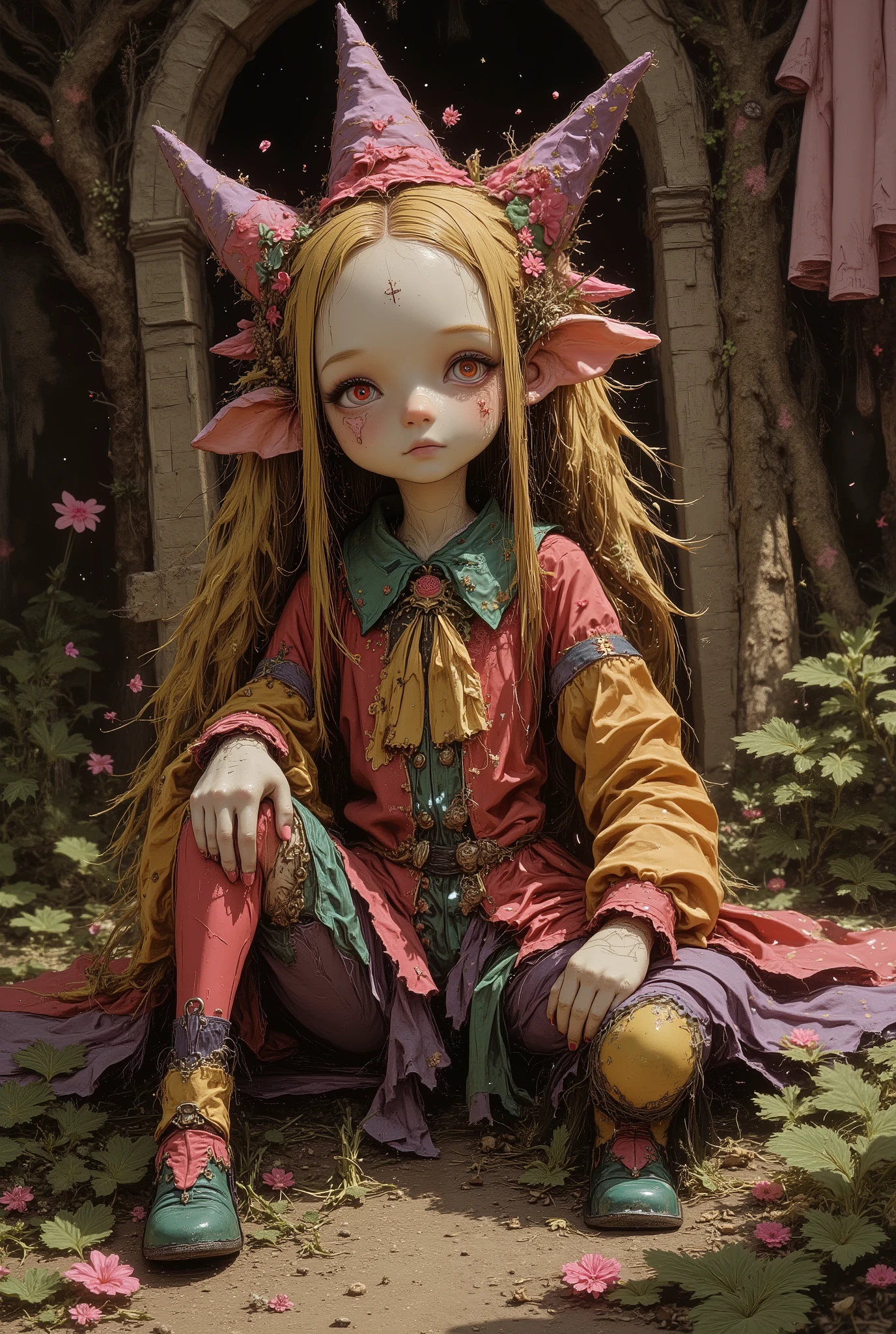 Conception de monstre RPG, Petite poupée de chiffon vivante, vêtements de bouffon colorés, Sa tête en paille avec un visage sculpté, a de la paille qui sort d'une petite déchirure.