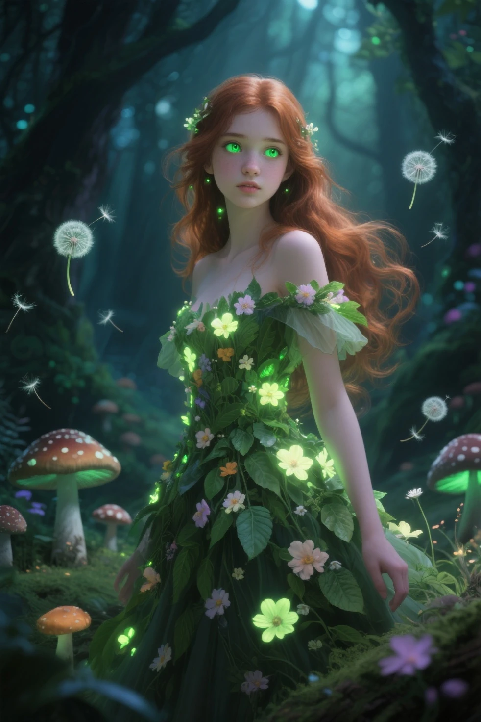 (solo, full body photo:1.3), (action packed:1.3), (haze, fog, mist:1.3), chiaroscuro, best quality, photorealistic, 1woman, (cute), (24yo:1.2), super red redhead, long ginger hair highly detailed, 1700'S, digital photography, art by artgerm and ruan jia and greg rutkowski surreal painting gold butterfly filigree, broken glass, (masterpiece, sidelighting, finely detailed Fashionable eyes: 1.2) (perfect oval large eyes that gazes at the viewer), beautiful detailed face, blue gorgeous perfect eyes, (blonde hair ponytail), (attractive young woman:1.3), (thick amazing hair), (:1.1), (blushing:1.1) giant . Green silk dress with lace and gold threaded accents. Magical ethereal ancient deep green forest. Small winding river through the forest. Large magical multicolored glowing mushrooms. Medieval dress. Fantasy. Realistic