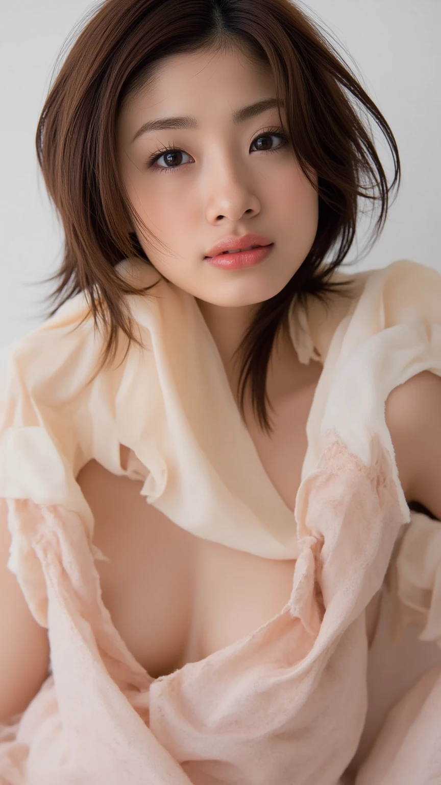 (Highest quality, 8K, 32k, masterpiece, Ultra-high resolution:1.2),Beautiful Japanese Women Photos, Rainbow clothes、Rainbow hoodie、?????????????, Very short bob hair,Red hair, necklace, Simple Background, From above, View your viewers,Red Hair、White background、peace sign、Pause.Colorful clothes、White background