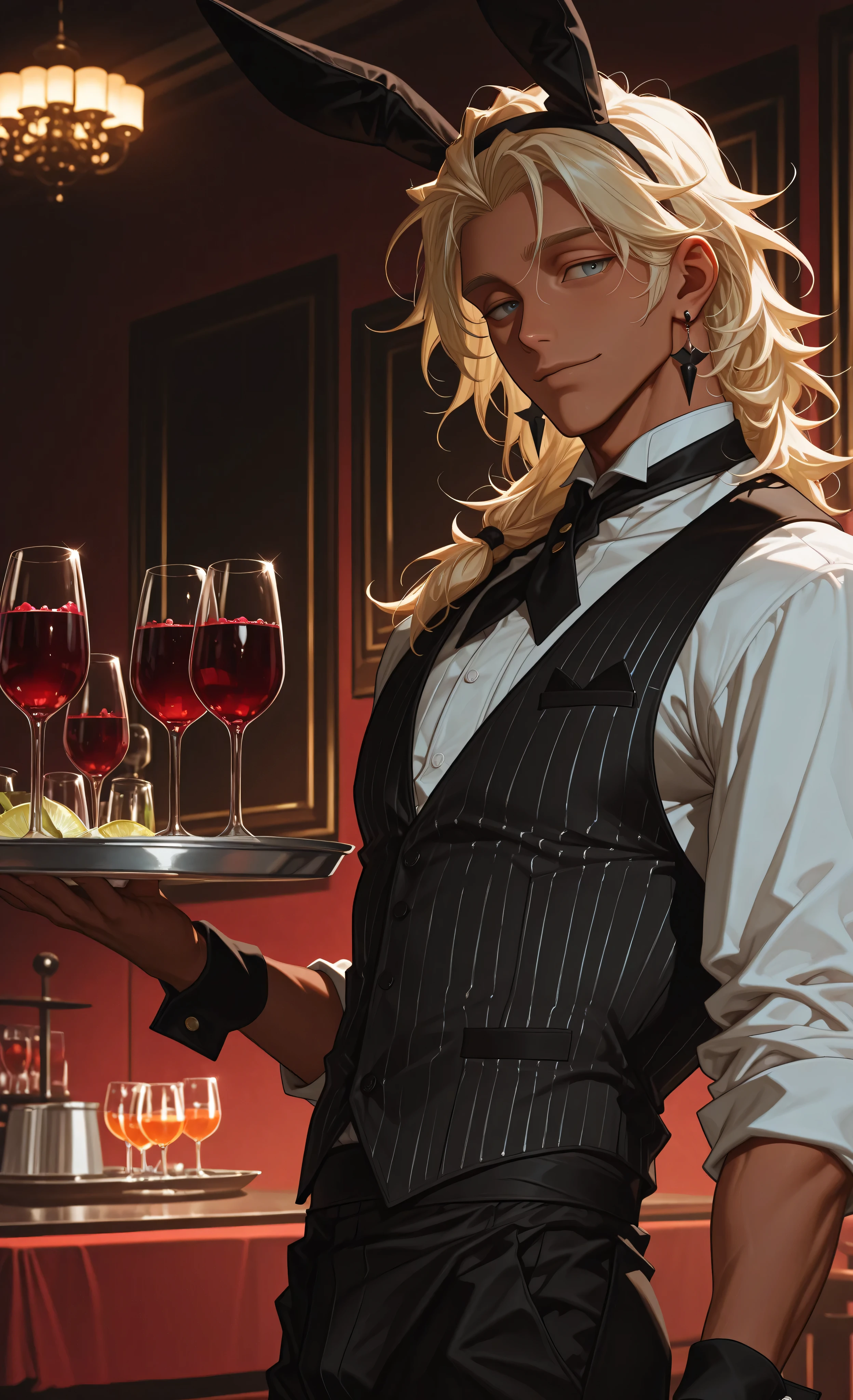 (moody lighting, dramatic shadows, bloom lighting, colored shadows, Ink Style, best quality, soft lines, clear details, masterpiece:1.3, 8k:1.3, Highest quality:1.3, detail:1.3, high resolution:1.3, digital painting, super detail, 1male),
(anime style, cinematic),
A **mature light-skinned male waiter, athletic muscular build, broad shoulders, toned physique,**
short tousled blonde hair, wearing black bunny ear headband, dark pinstriped vest open at front,
dark trousers, black wristband, long dangling earring,
positioned in three-quarter view, (eyes open:1.3), gazing off to left with slight smile,
(holding serving tray with drinks:1.4), left arm behind head, right arm pointing,
relaxed playful mood, professional waiter,
setting: **(elegant restaurant interior:1.5),** linen tablecloths, candlelit tables,
**(wine glasses on tables:1.2),** sophisticated ambiance,
soft lighting with dramatic shadows, fashionable atmosphere,
semi-realistic anime aesthetic, clean lines
