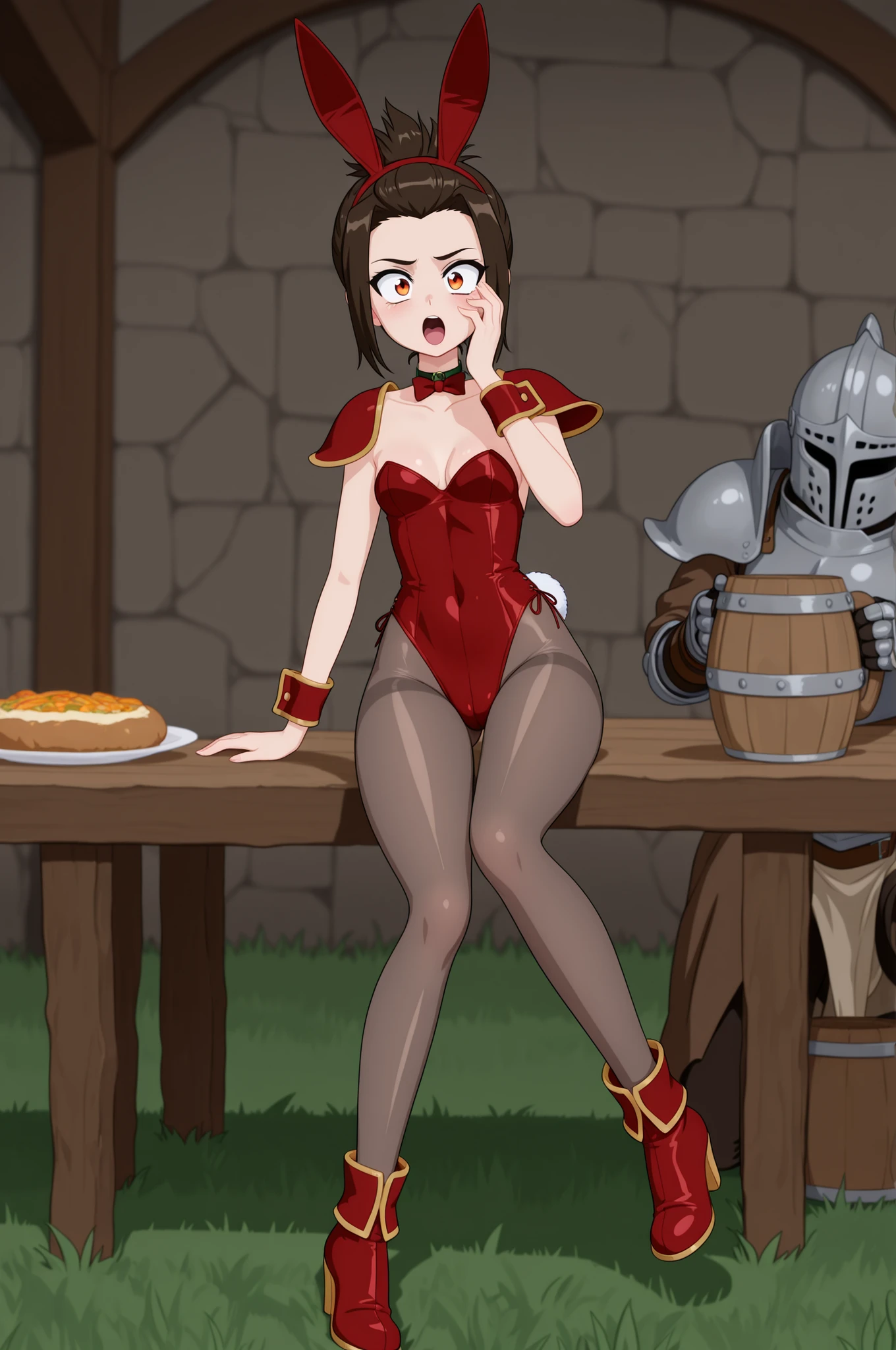 Azula , amber eyes . wavy dark brown hair strands above her shoulders. short hair. small breasts. huge hips. choker. | (medieval fantasy tavern:1.2), (zPDXL2, zPDXLxxx, score_9, score_8_up, score_7_up:1.2), rating_questionable, nsfw pin up art by Michael Whelan, from the front, active pose with arm out, clothed, medieval fantasy, knight commander woman, armored woman, standing in grass field, pauldrons, gauntlets, tavern in background, strong lighting, comic style, sitting, food, fanta, masterpiece, best quality, newest, absurdres, highres, detailed eyes, beautiful, detailed background, perfect eyes, anime coloring, retro artstyle, 1990s \(style\), playboy bunny, bunny ears hairband, leotard, collarbone, cleavage, bowtie, wrist cuffs, pantyhose, high heels, bunny tail, looking at viewer, simple background, hand on own face, outstreched leg, floating, wide-eyed, open mouth,