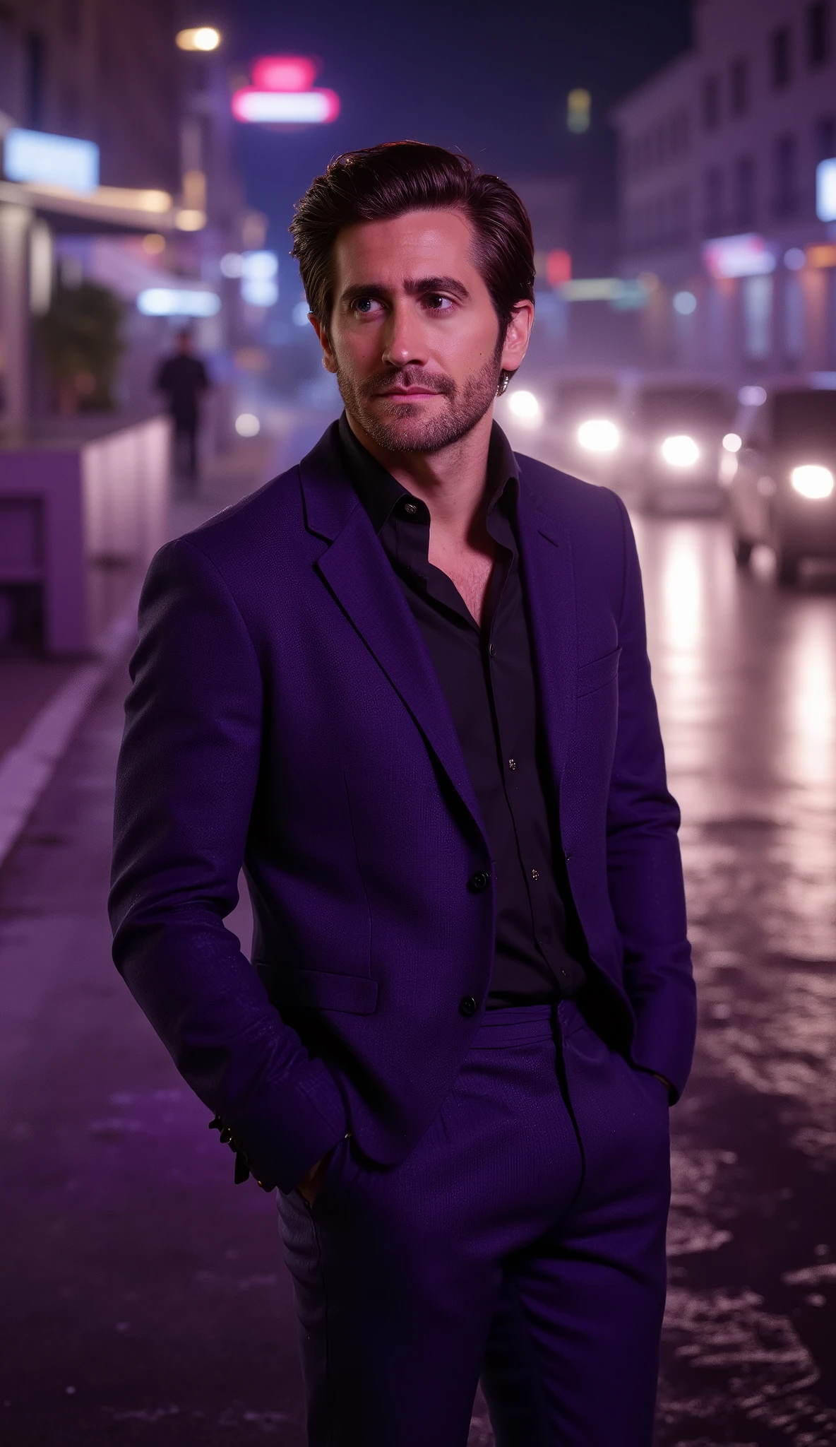 Ultra-realistic 8K cinematic close-up Jake Gyllenhaal wearing luxurious purple clothing with black details
The background shows a luxurious street at night in light rain, purple and bluish reflections in puddles and cars.short depth of field (fundo desfocado) 
Cinematic lighting with realistic moist glow, Elegant and powerful atmosphere, realismo extremo.without exaggerated brightness, without artificial saturation

soft and realistic shadows