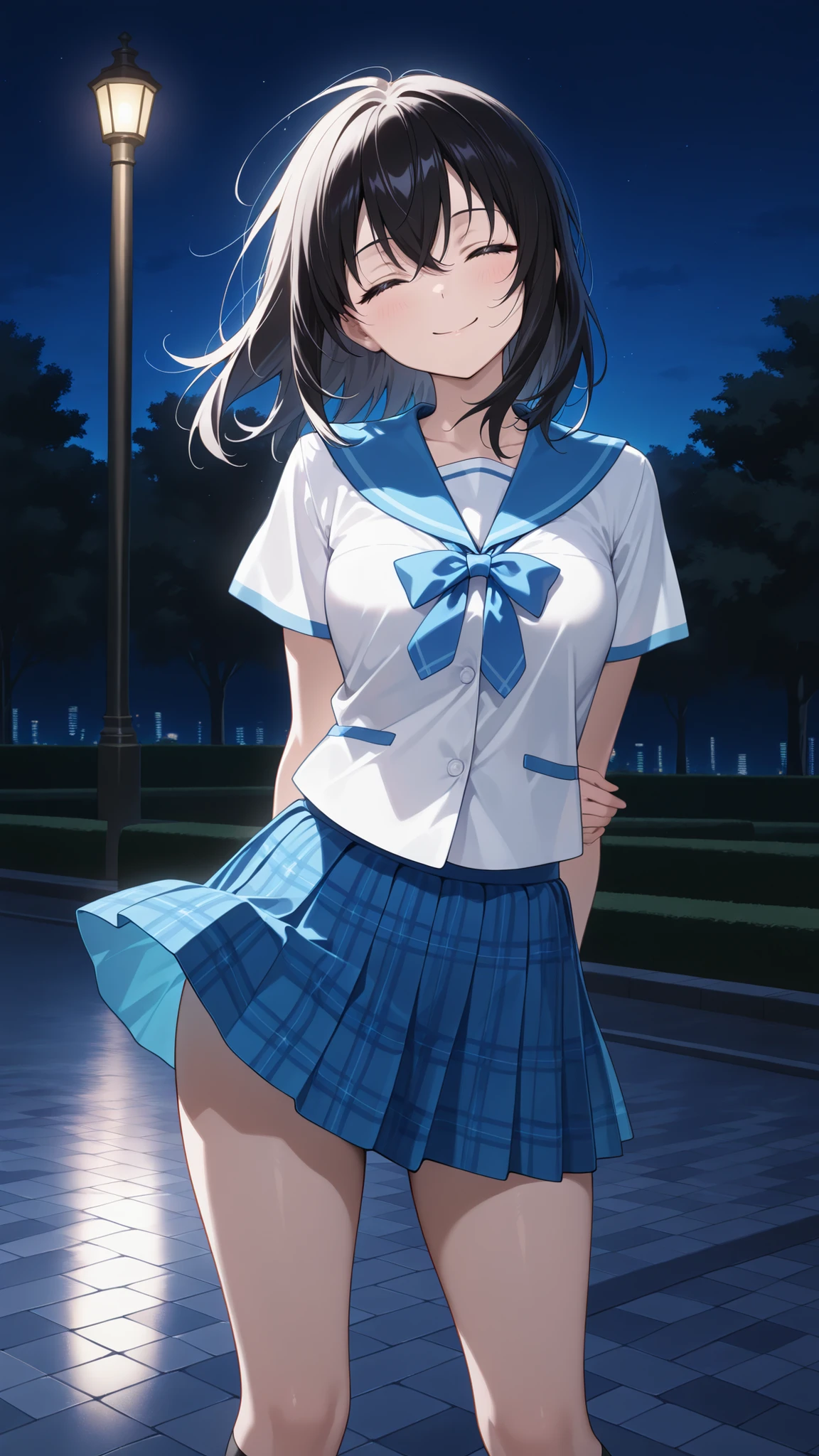 highres,absurdres,1girl,solo,aayukina,medium hair,black hair,closed eyes,school uniform,blue sailor collar,blue bow,white shirt,short sleeves,plaid miniskirt,blue skirt,black socks,night,park,dark,arm behind back,smile,contrapposto,accidental exposure,wind lift,head tilt,