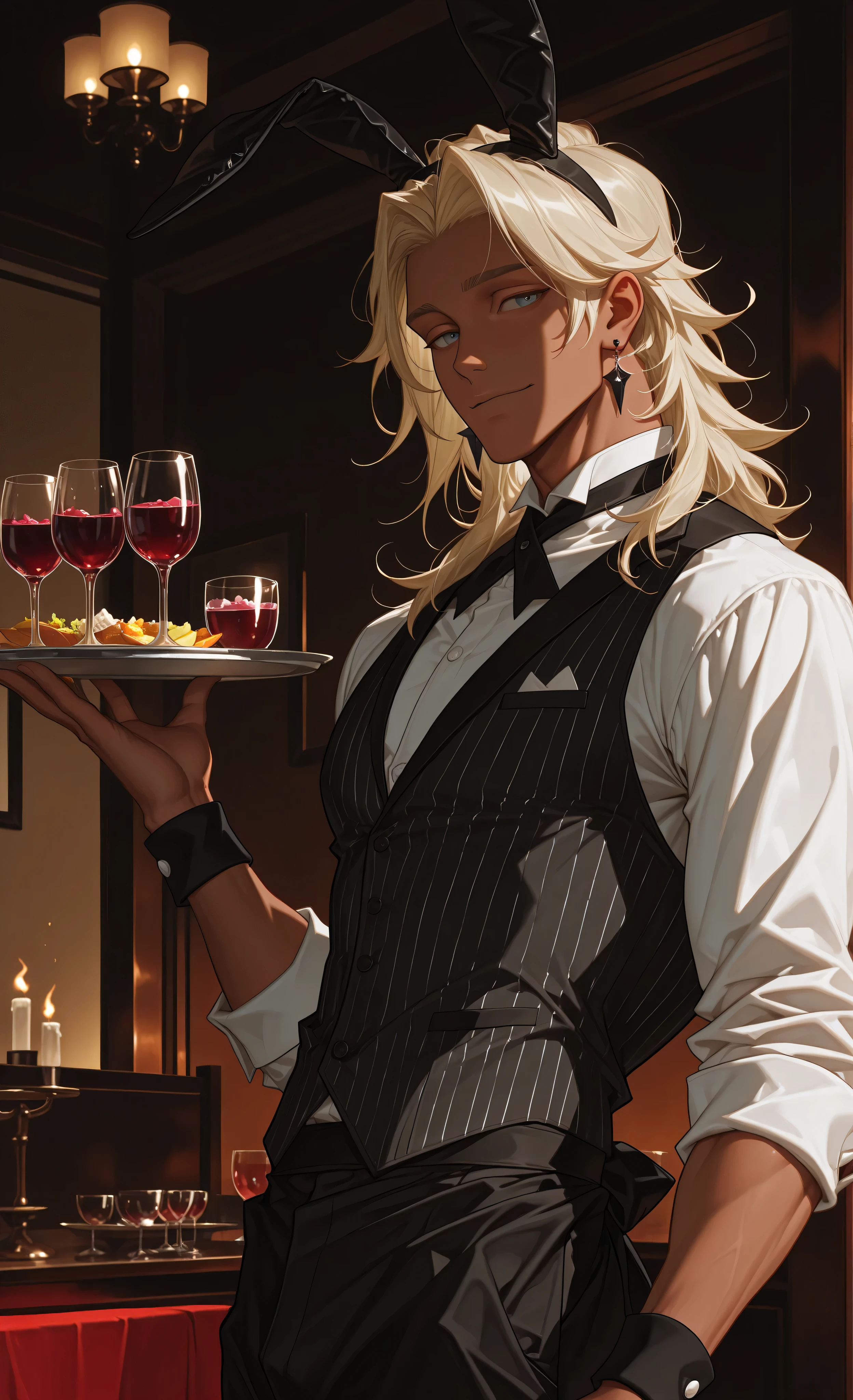 (moody lighting, dramatic shadows, bloom lighting, colored shadows, Ink Style, best quality, soft lines, clear details, masterpiece:1.3, 8k:1.3, Highest quality:1.3, detail:1.3, high resolution:1.3, digital painting, super detail, 1male),
(anime style, cinematic),
A **mature light-skinned male waiter, athletic muscular build, broad shoulders, toned physique,**
short tousled blonde hair, wearing black bunny ear headband, dark pinstriped vest open at front,
dark trousers, black wristband, long dangling earring,
positioned in three-quarter view, (eyes open:1.3), gazing off to left with slight smile,
(holding serving tray with drinks:1.4), left arm behind head, right arm pointing,
relaxed playful mood, professional waiter,
setting: **(elegant restaurant interior:1.5),** linen tablecloths, candlelit tables,
**(wine glasses on tables:1.2),** sophisticated ambiance,
soft lighting with dramatic shadows, fashionable atmosphere,
semi-realistic anime aesthetic, clean lines