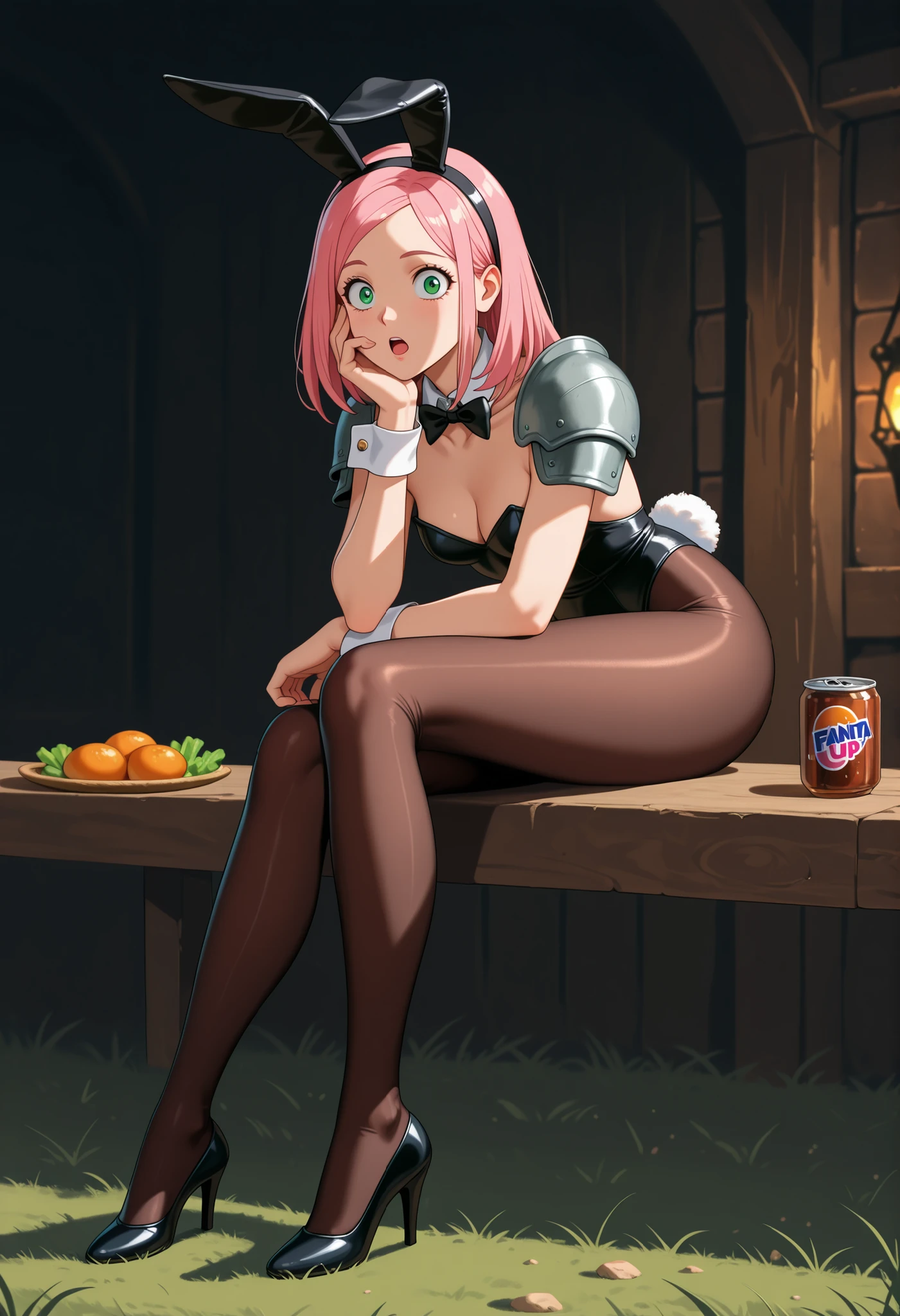 Sakura Haruno. small breasts, huge hips, pink hair, medium hair, light green eyes, thin lips, very fair skin, big forehead.| (medieval fantasy tavern:1.2), (zPDXL2, zPDXLxxx, score_9, score_8_up, score_7_up:1.2), rating_questionable, nsfw pin up art by Michael Whelan, from the front, active pose with arm out, clothed, medieval fantasy, knight commander woman, armored woman, standing in grass field, pauldrons, gauntlets, tavern in background, strong lighting, comic style, sitting, food, fanta, masterpiece, best quality, newest, absurdres, highres, detailed eyes, beautiful, detailed background, perfect eyes, anime coloring, retro artstyle, 1990s \(style\), playboy bunny, bunny ears hairband, leotard, collarbone, cleavage, bowtie, wrist cuffs, pantyhose, high heels, bunny tail, looking at viewer, simple background, hand on own face, outstreched leg, floating, wide-eyed, open mouth,
