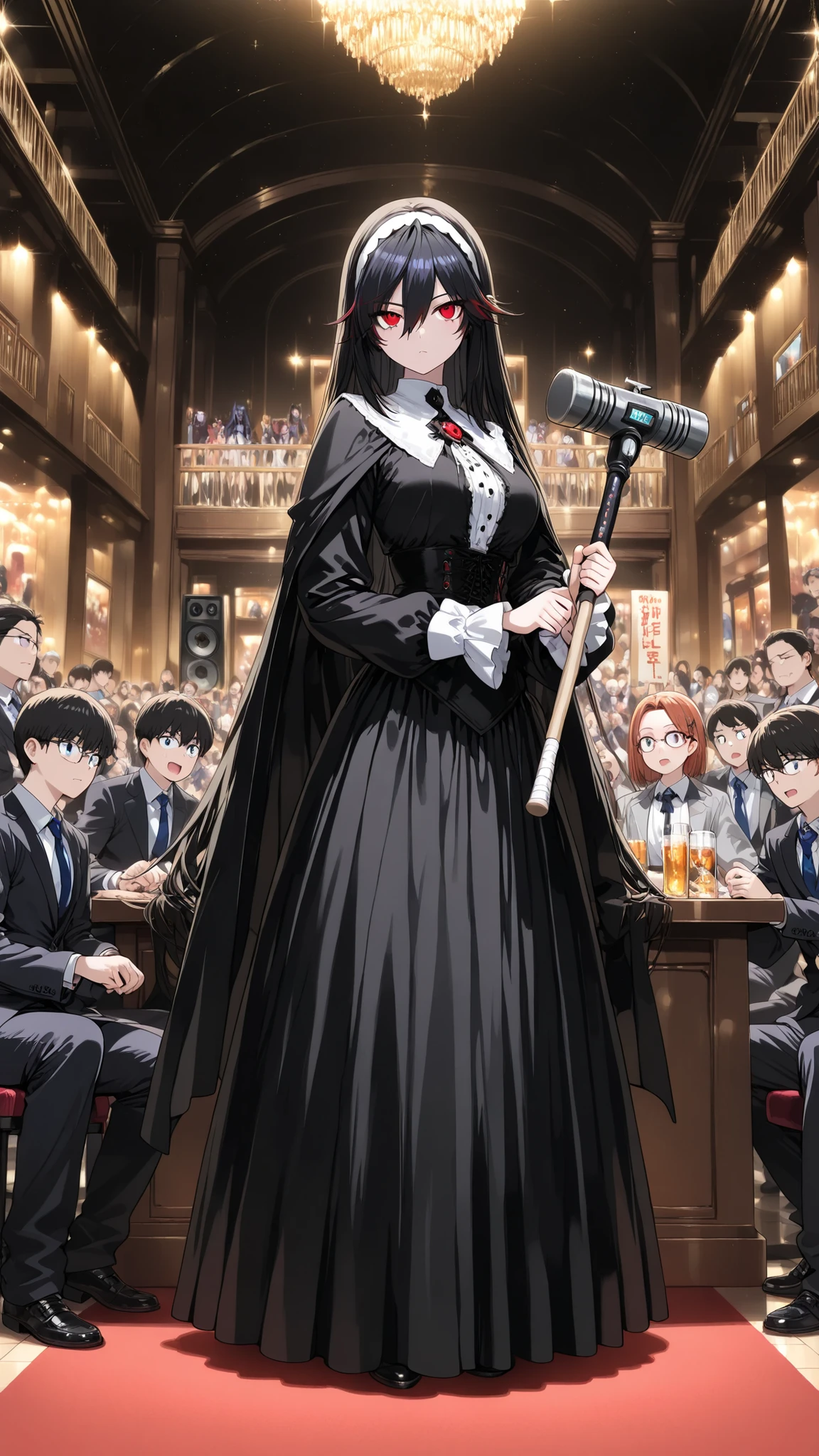 auction venue,Bidding,midnight, dark,オークショニアのwomanhood,standing behind a table holding a small wooden auction hammer in his hand,Speaker ,Standing behind a table,womanhood,Spectators,,cute,dynamic,Dramatic,anime,safe content(masterpiece, 最High Quality, High Quality, detailed background, complicated details,complicated,super high resolution, very beautiful ,Newest:1.2)