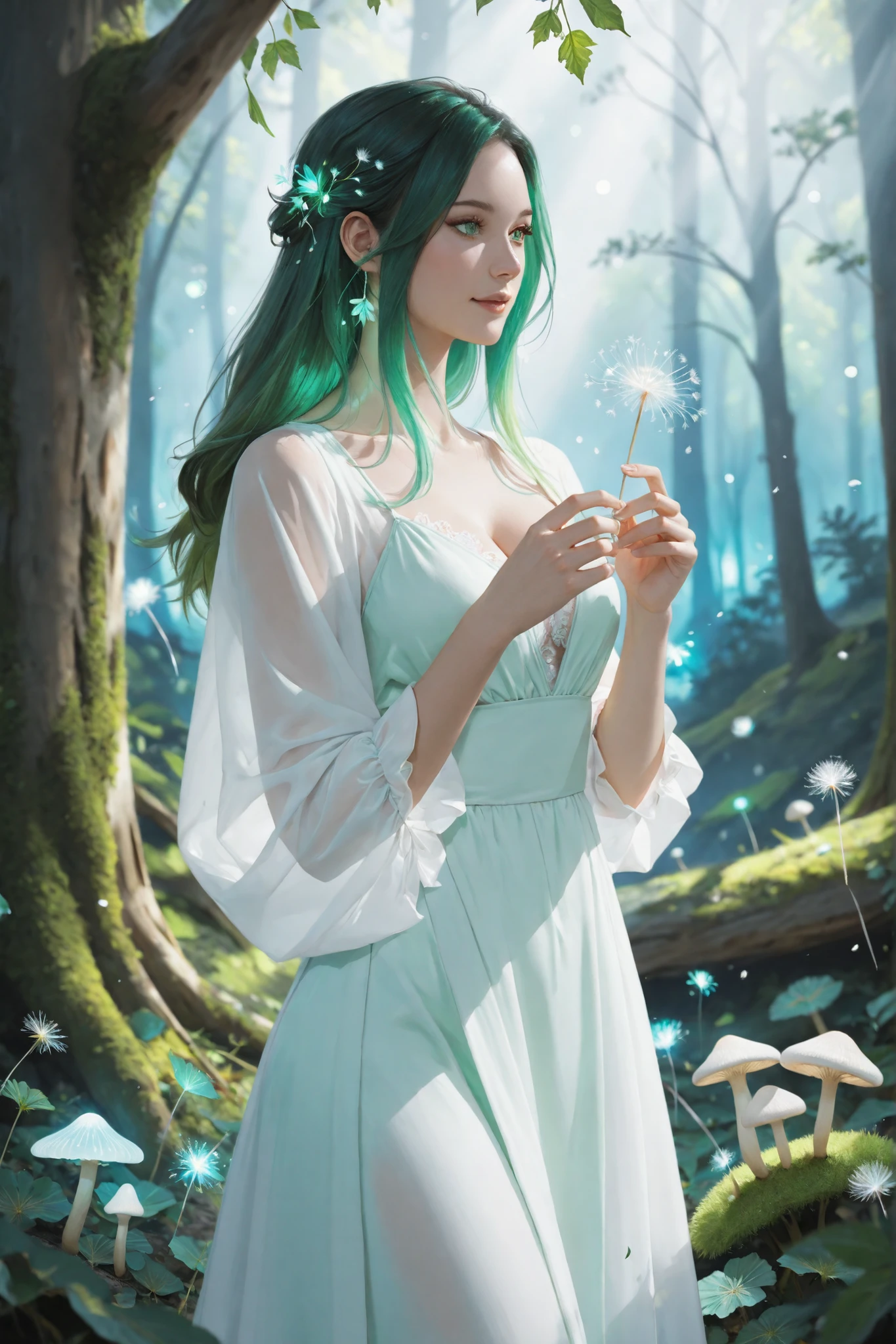 (masterpiece, best quality, ultra-detailed), 1girl, a beautiful teen girl with sparkling (green eyes) and long flowing (auburn hair). She is wearing a dress made of (glowing flowers and leaves). Enchanted forest setting, (bioluminescent mushrooms), (floating dandelion seeds), (soft magical glow). Cinematic lighting, fantasy art, by Ross Tran and Loish.