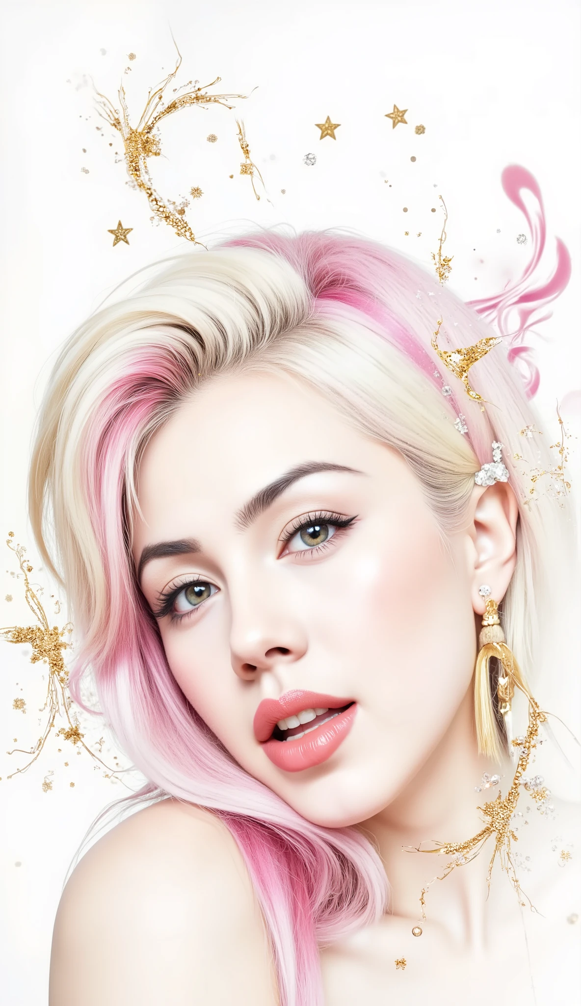(White background:1.4),(marilyn monroe, head silhouette, Eyes closed, Long colored hair, Oriental elements),(Chinese illustration:1.3,Paper Art:1.3, キルティングPaper Art:1.2),( Streamlined Design, Clear lines, High sharpness,Better Quality, Very detailed, Master Parts, Film Light Effect, 4K ) Illustration design, porcelain doll skin, beautiful detailed eyes, beautiful detailed lips, extremely detailed gold eyes and face, long eyelashes, upper body, from side, looking at viewer, (fractal art:1.3), (pink hair:1.2), water, liquid, cloud, colorful, starry, stars, (best quality, 4k, 8k, highres, masterpiece:1.2), ultra-detailed, (realistic, photorealistic, photo-realistic:1.37), vibrant colors, studio lighting, extremely detailed description, professional, concept art, surreal, 1920s french vibe, monochromatic gold and pink palette, in the style of french illustrator moebius, gold elements,